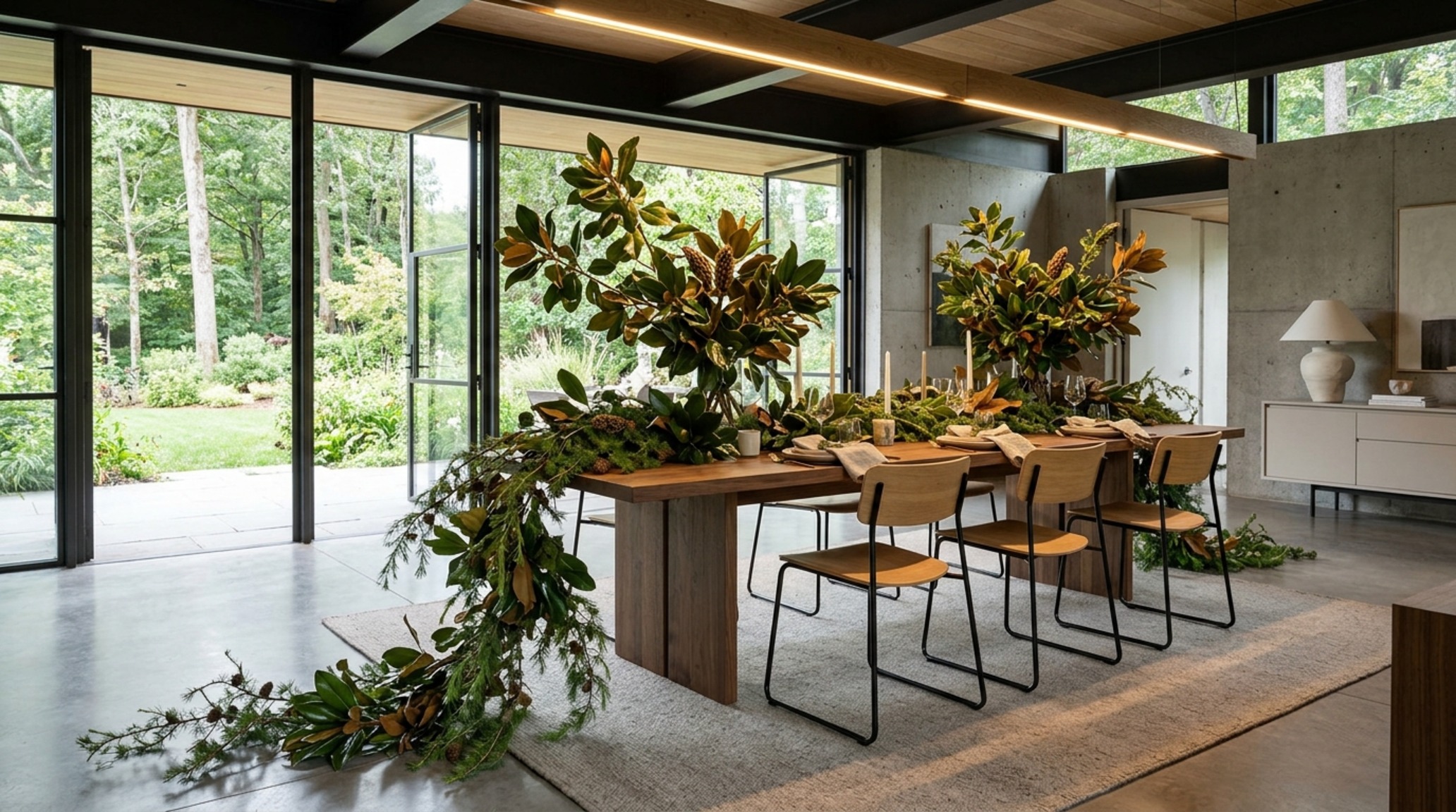 foraged winter table greenery trailings off the edge of a mid-century modern dining table in a high-contrast shadow play foraged winter table greenery trailings off the edge of a mid-century modern dining table in a high-contrast shadow play
