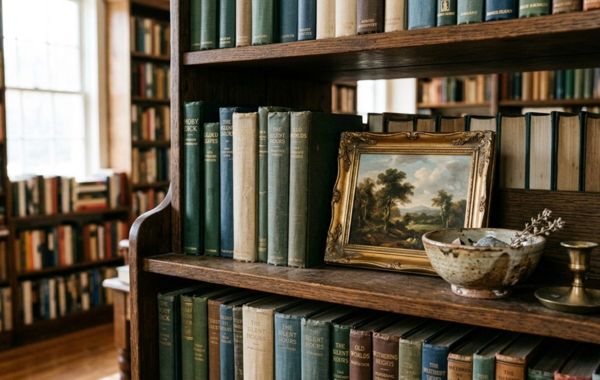 Bookshelf wealth aesthetic achieved through a mix of vintage hardbacks, ceramic vessels, and framed art on warm wood shelving with 2700K ambient lighting.