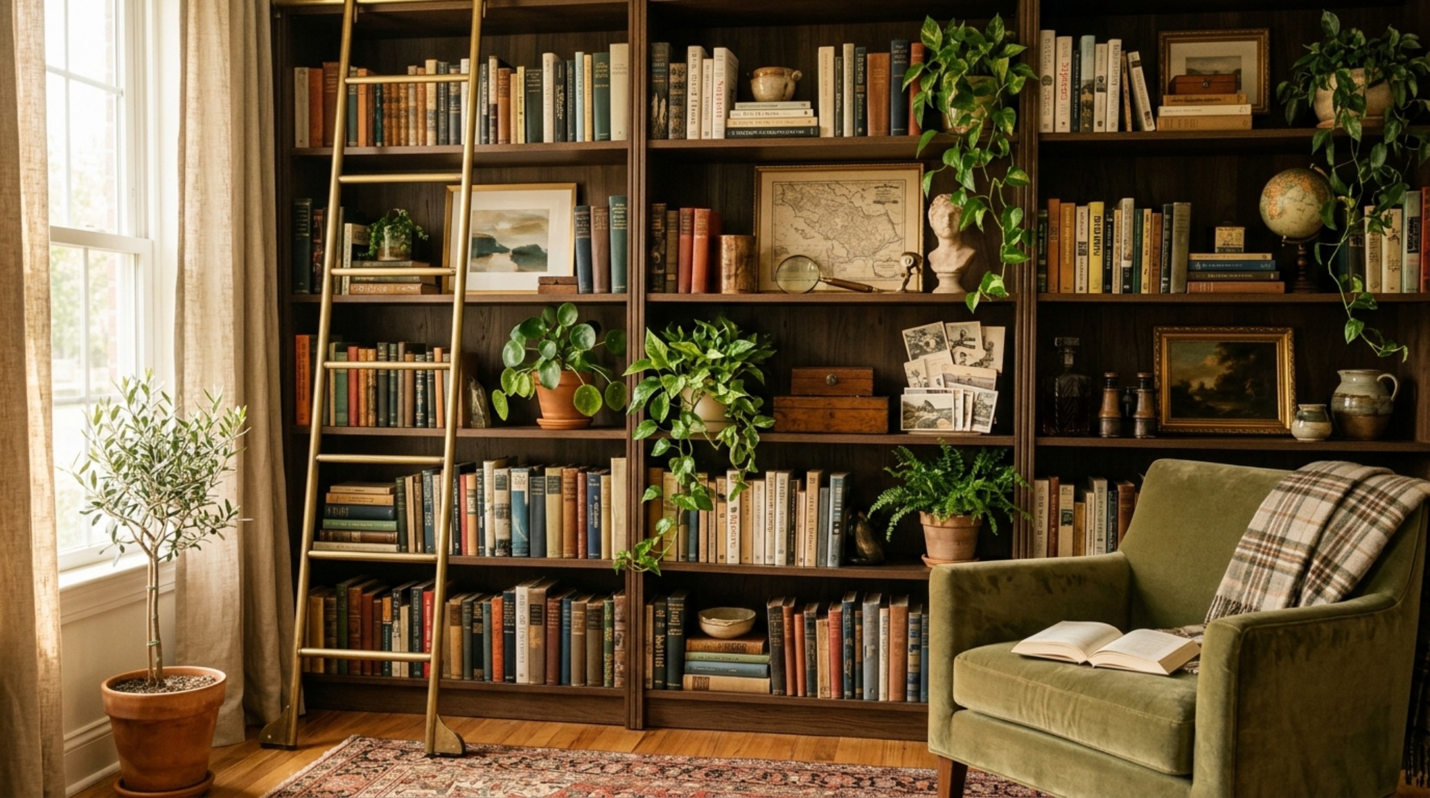 Modern shelf styling tips for a large-scale library wall using the zig-zag method to distribute visual weight and color.