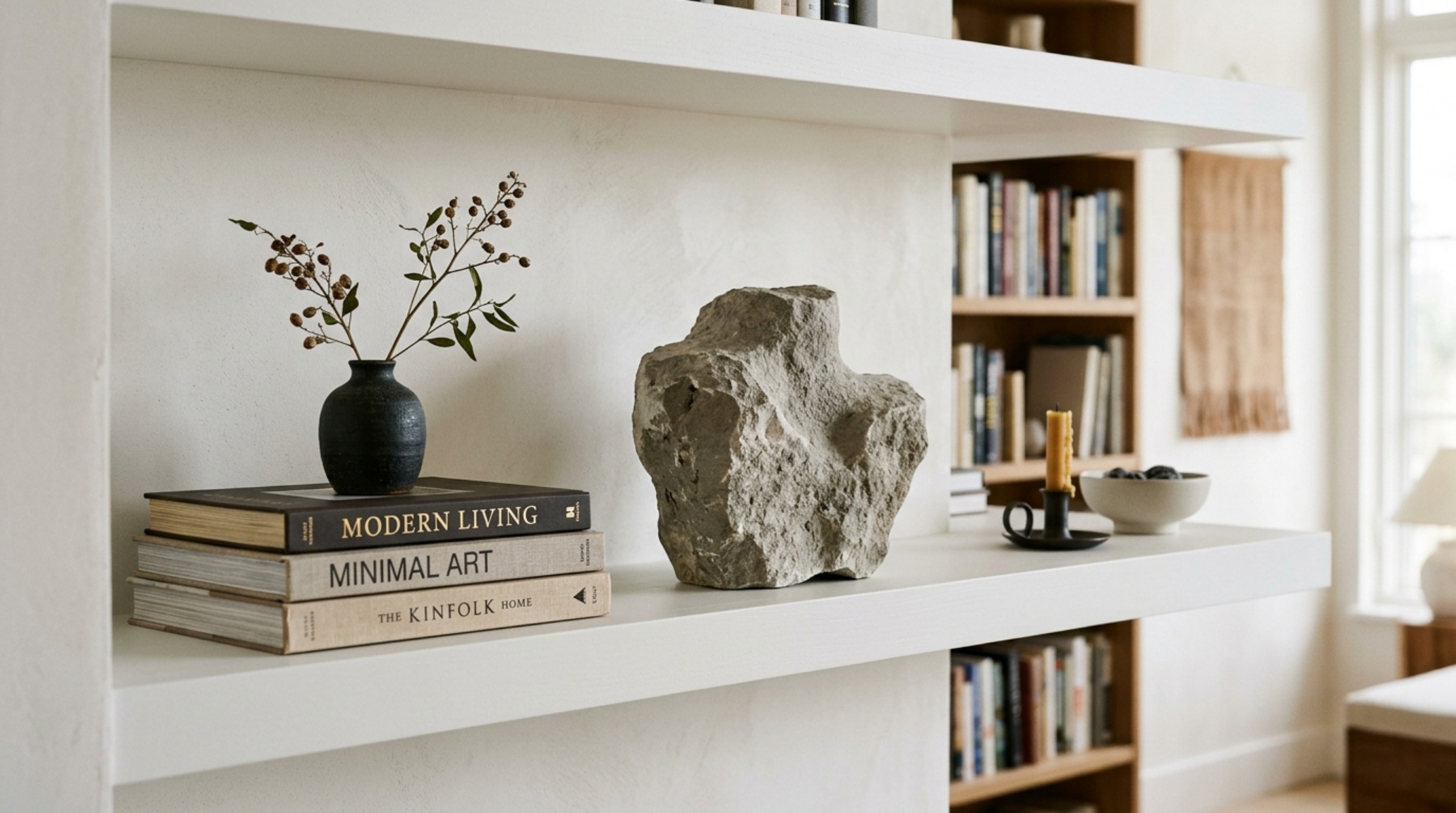 Modern shelf styling tips illustrated by a balanced arrangement of vertical and horizontal book stacks and sculptural objects on minimalist shelves.