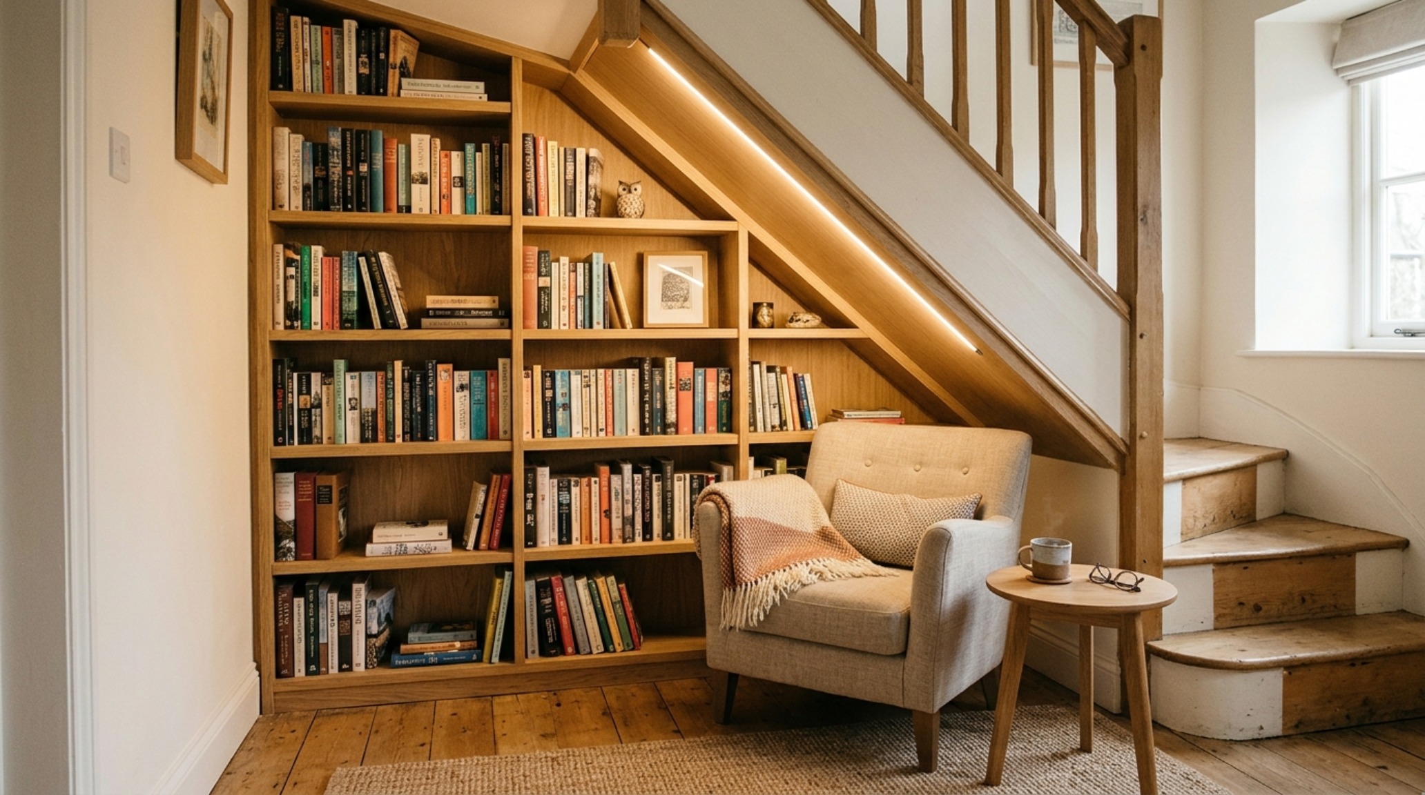 Small space book storage using a recessed wall niche with floating glass shelves and integrated LED accent lighting in a compact apartment.