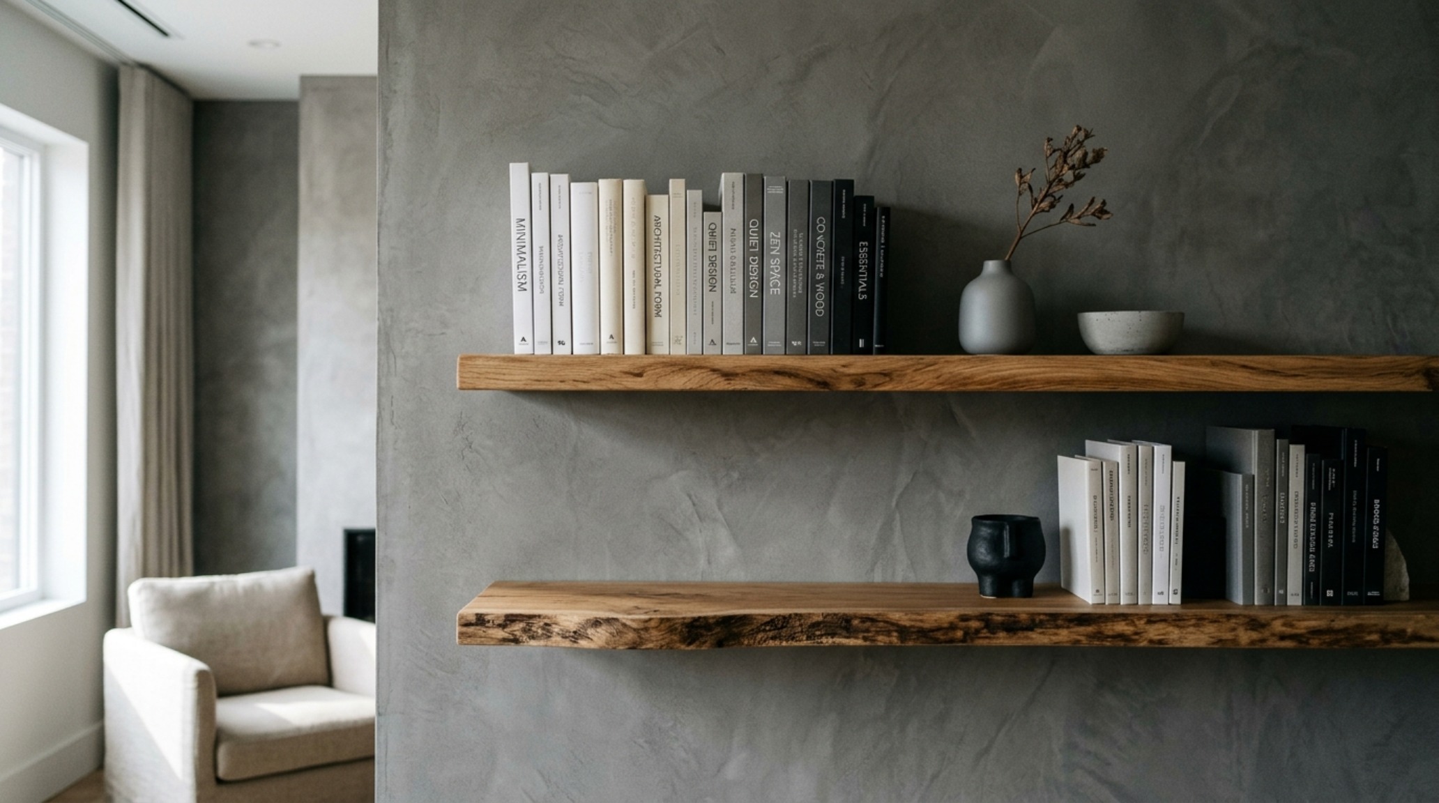 Floating book shelving ideas showcasing thick walnut slabs mounted on a dark charcoal wall with a minimalist aesthetic.