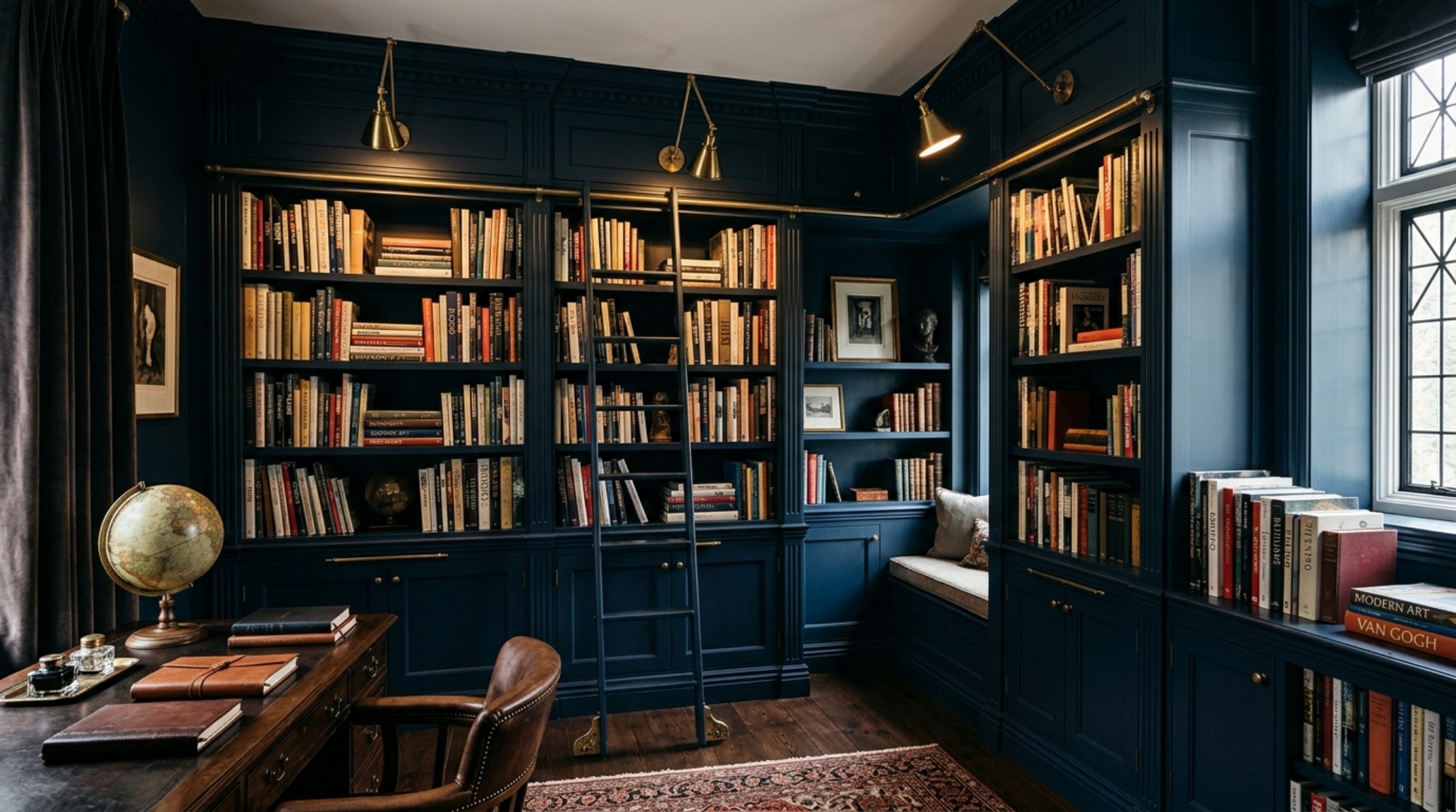 Bespoke joinery for books featuring custom-measured compartments for oversized art books and integrated brass task lighting.