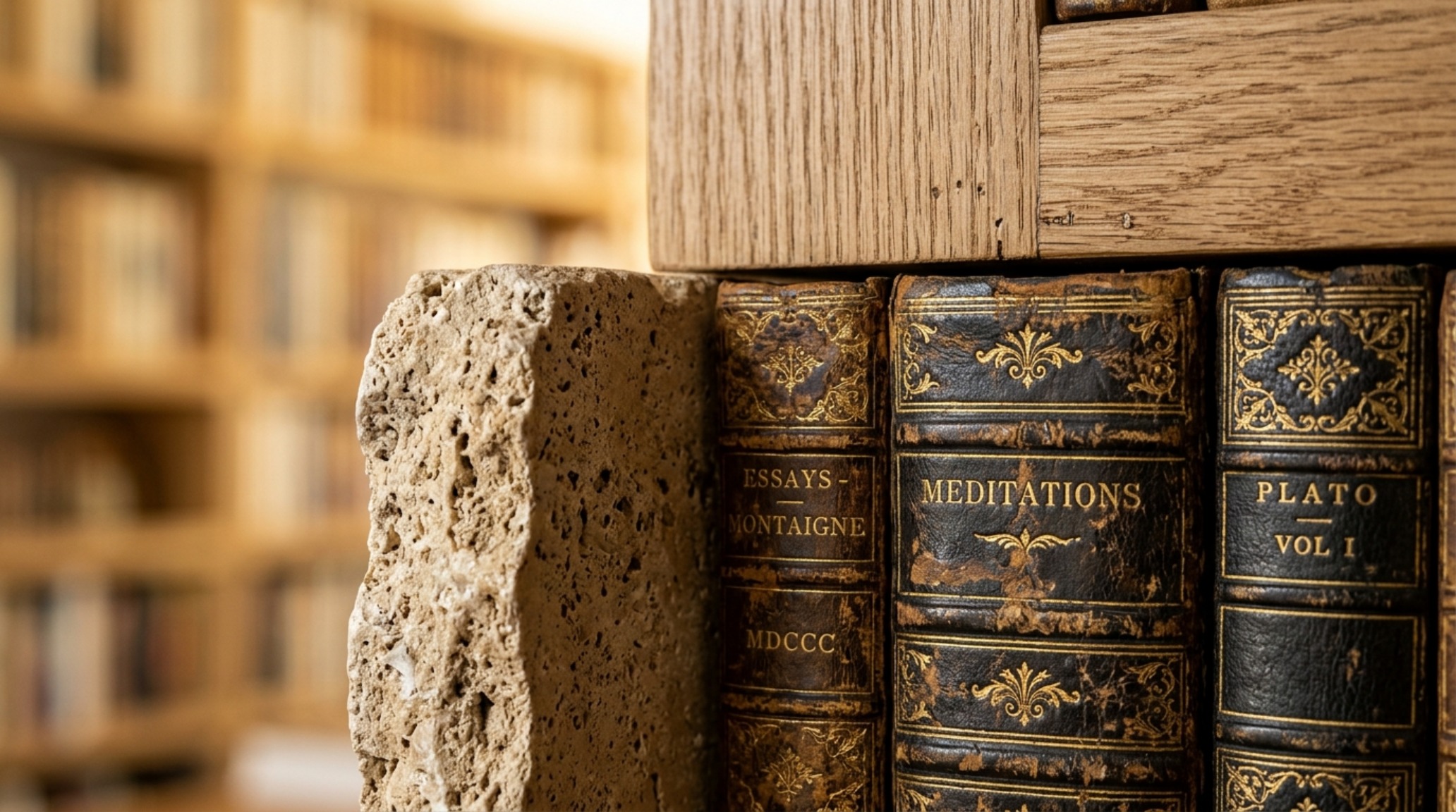 Bookshelf wealth aesthetic close-up showing the texture of linen-bound books and hand-thrown pottery on a plaster-finished shelf.