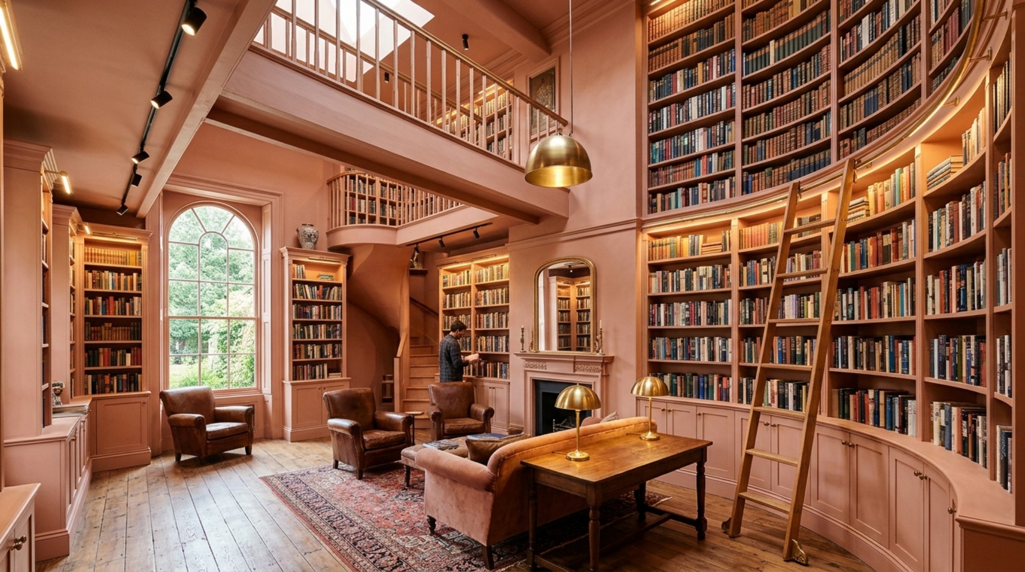 Built-in library design highlighting a integrated reading nook with plush upholstery surrounded by tiered shelving and high CRI lighting.