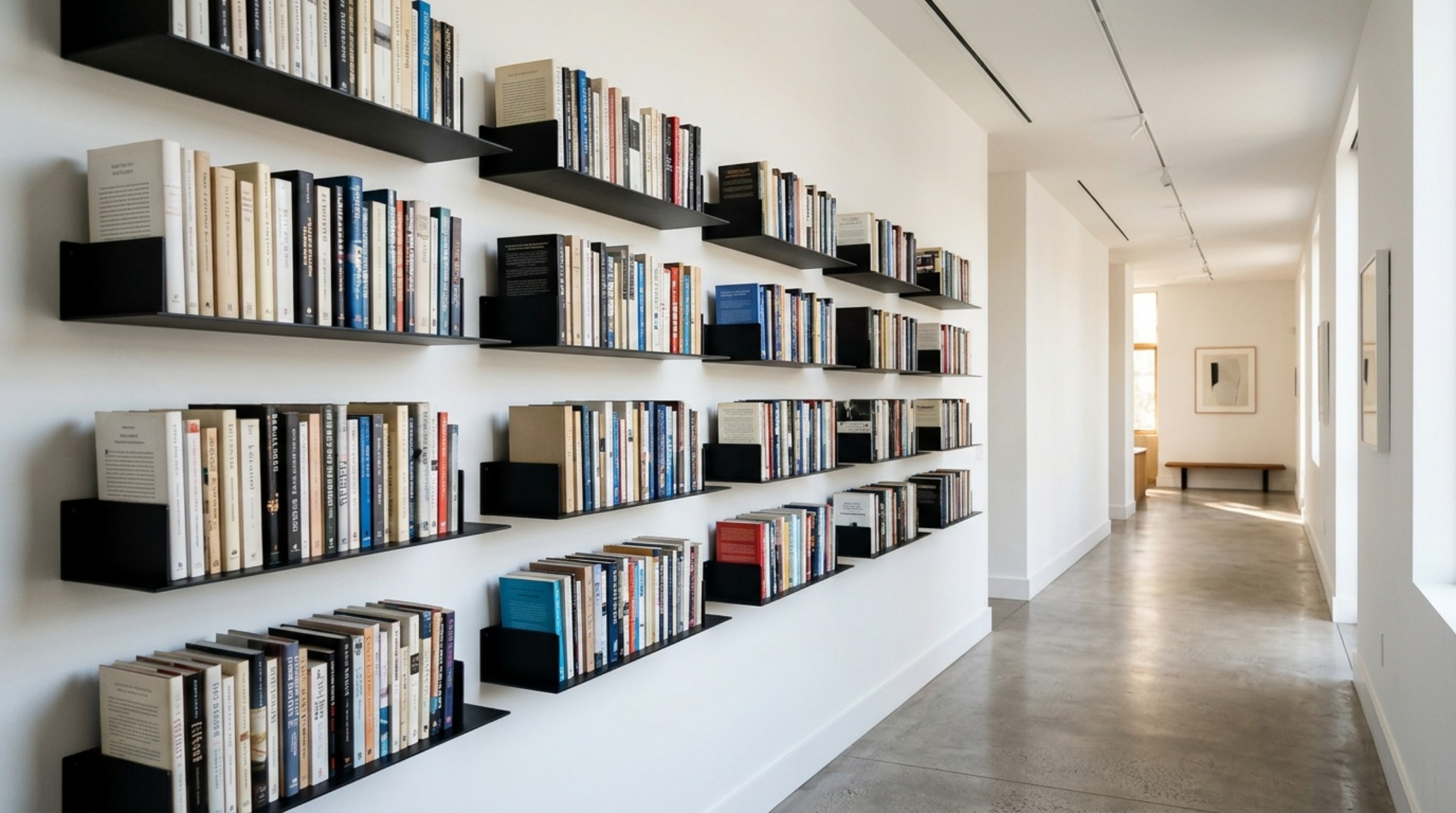 Floating book shelving ideas in a home office featuring powder-coated steel brackets and a monochrome book collection.