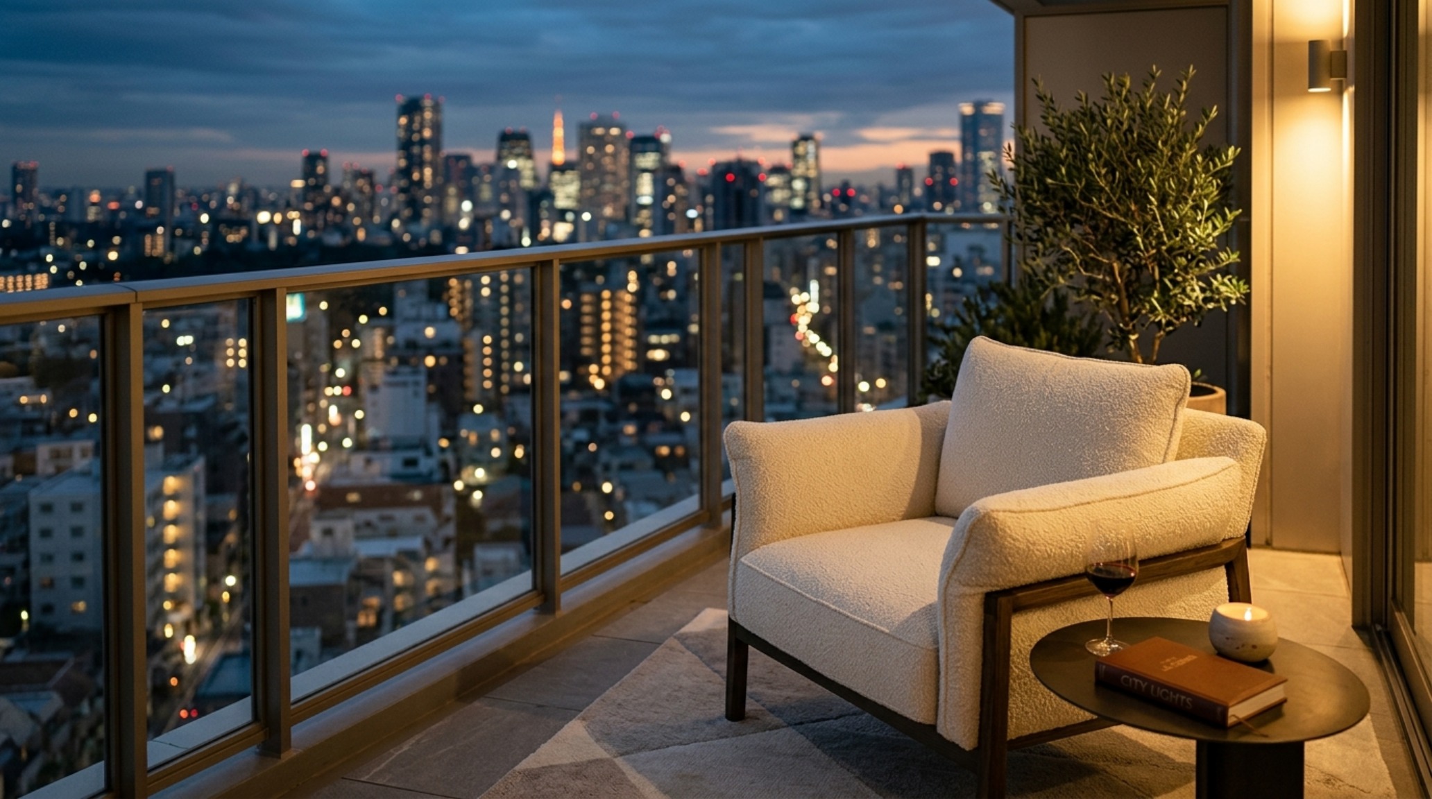 Close-up of cream-colored outdoor bouclé chair with soft 2700K warm lighting on a small apartment balcony. Close-up of cream-colored outdoor bouclé chair with soft 2700K warm lighting on a small apartment balcony.