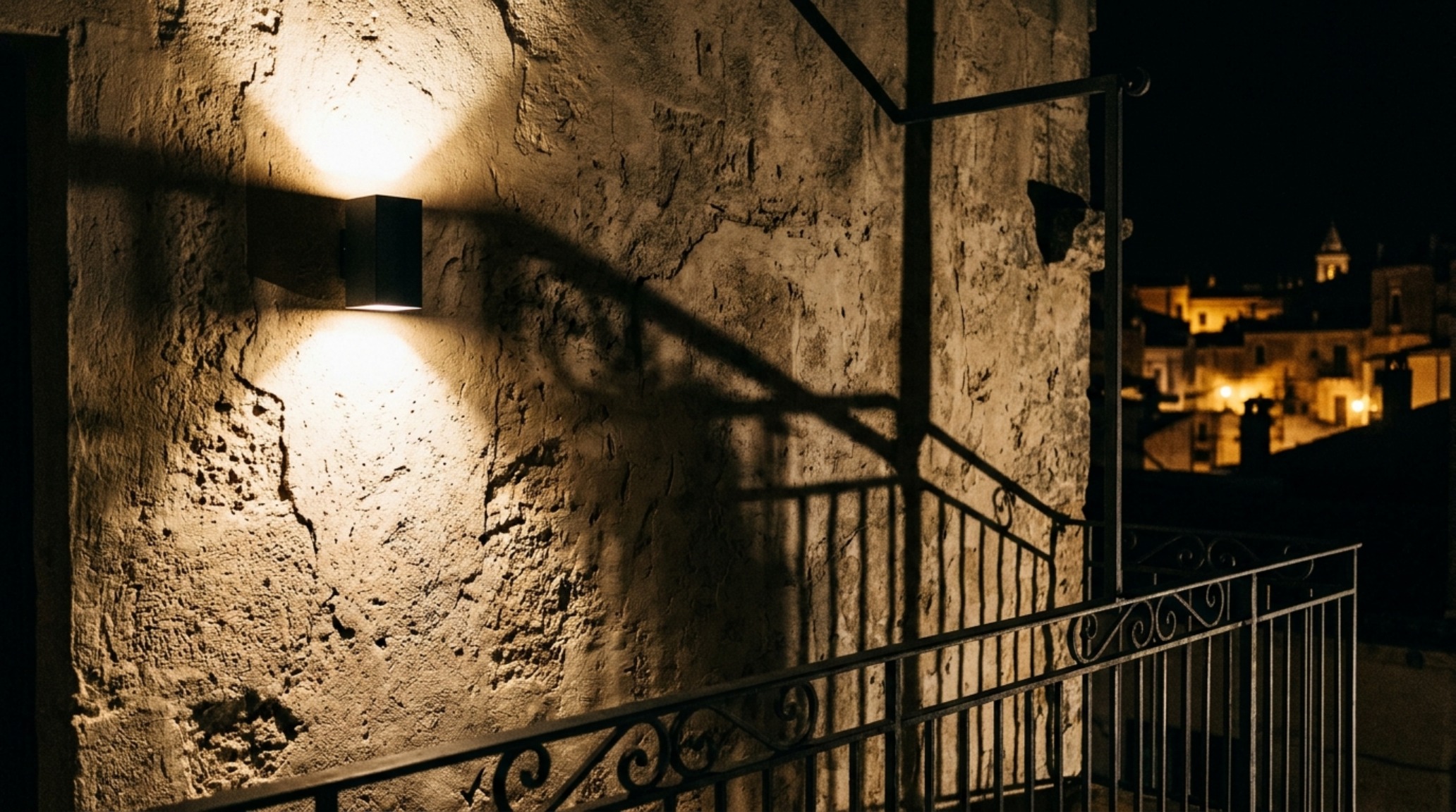 Wall-mounted up-down outdoor lights illuminating limewash walls on a luxury small apartment balcony. Wall-mounted up-down outdoor lights illuminating limewash walls on a luxury small apartment balcony.