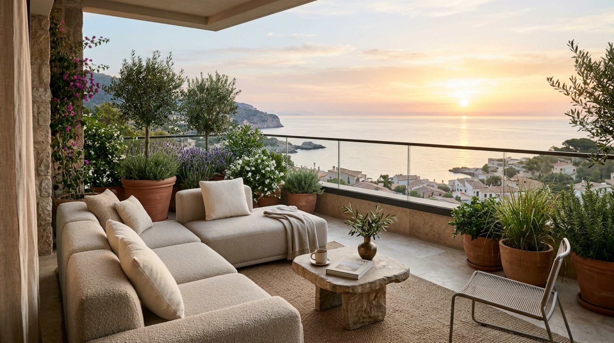 Morning sunlight hitting a minimalist balcony furniture set with organic stone textures and linen-blend cushions. Morning sunlight hitting a minimalist balcony furniture set with organic stone textures and linen-blend cushions.