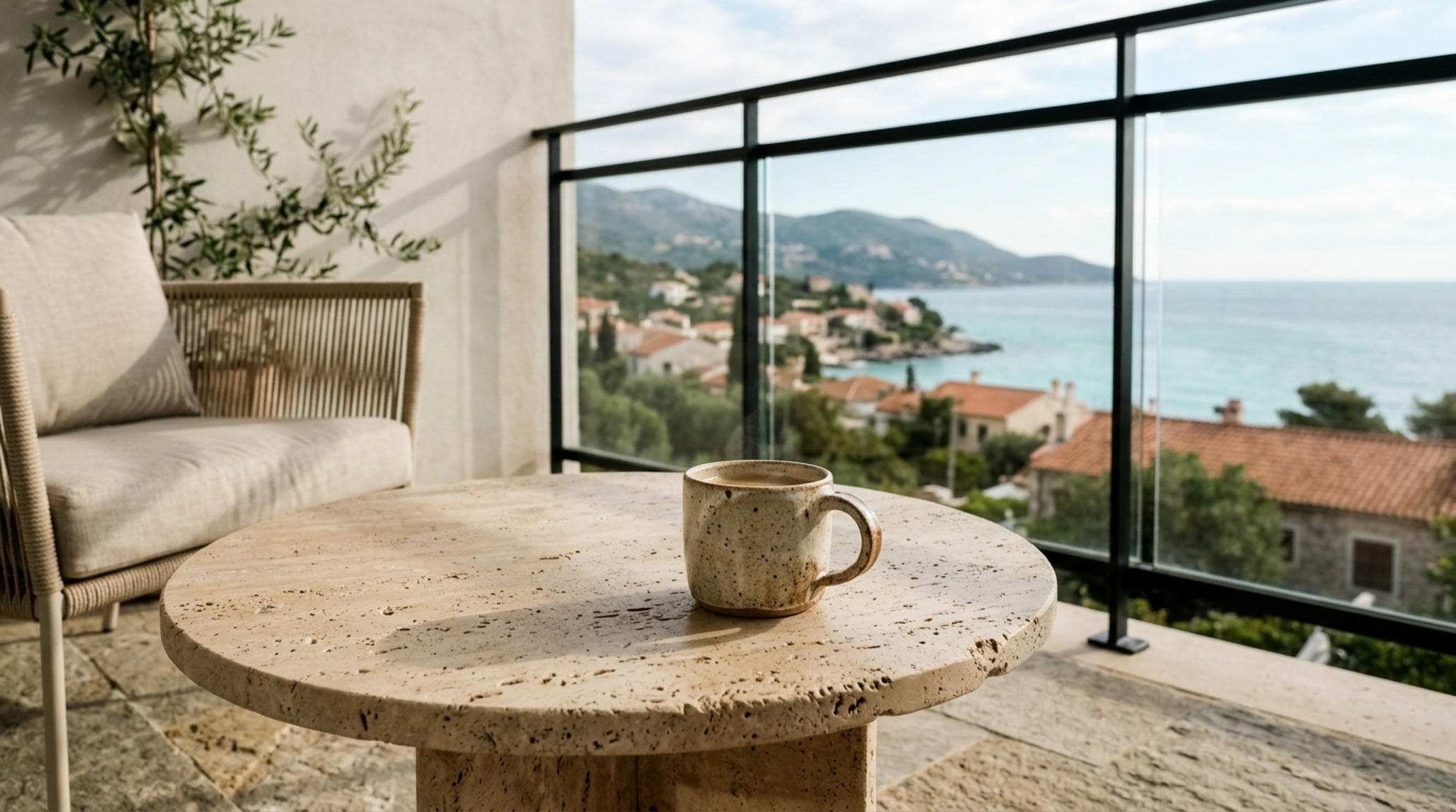 A low-profile honed travertine coffee table styled with a ceramic vase on a modern urban balcony. A low-profile honed travertine coffee table styled with a ceramic vase on a modern urban balcony.