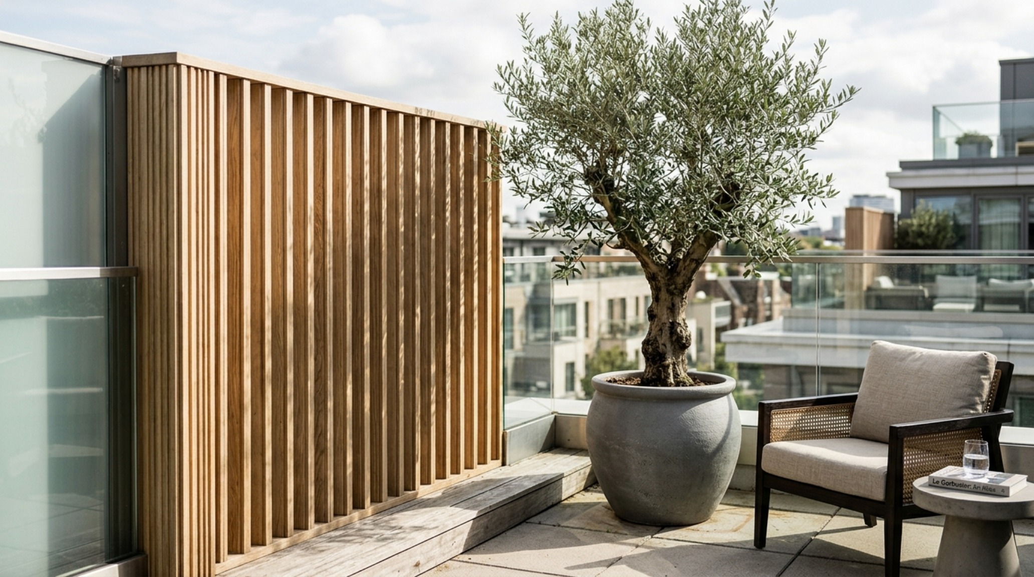 Small balcony seating ideas featuring a custom slatted timber privacy wall and architectural olive trees. Small balcony seating ideas featuring a custom slatted timber privacy wall and architectural olive trees.