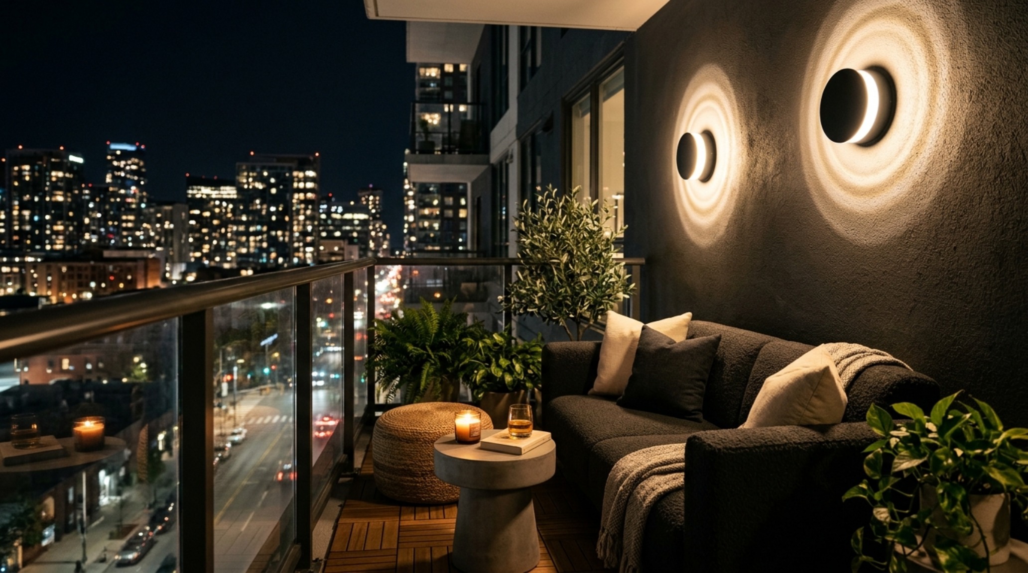 Nighttime balcony setting with 2700K halo sconces casting warm light over a cozy seating arrangement. Nighttime balcony setting with 2700K halo sconces casting warm light over a cozy seating arrangement.