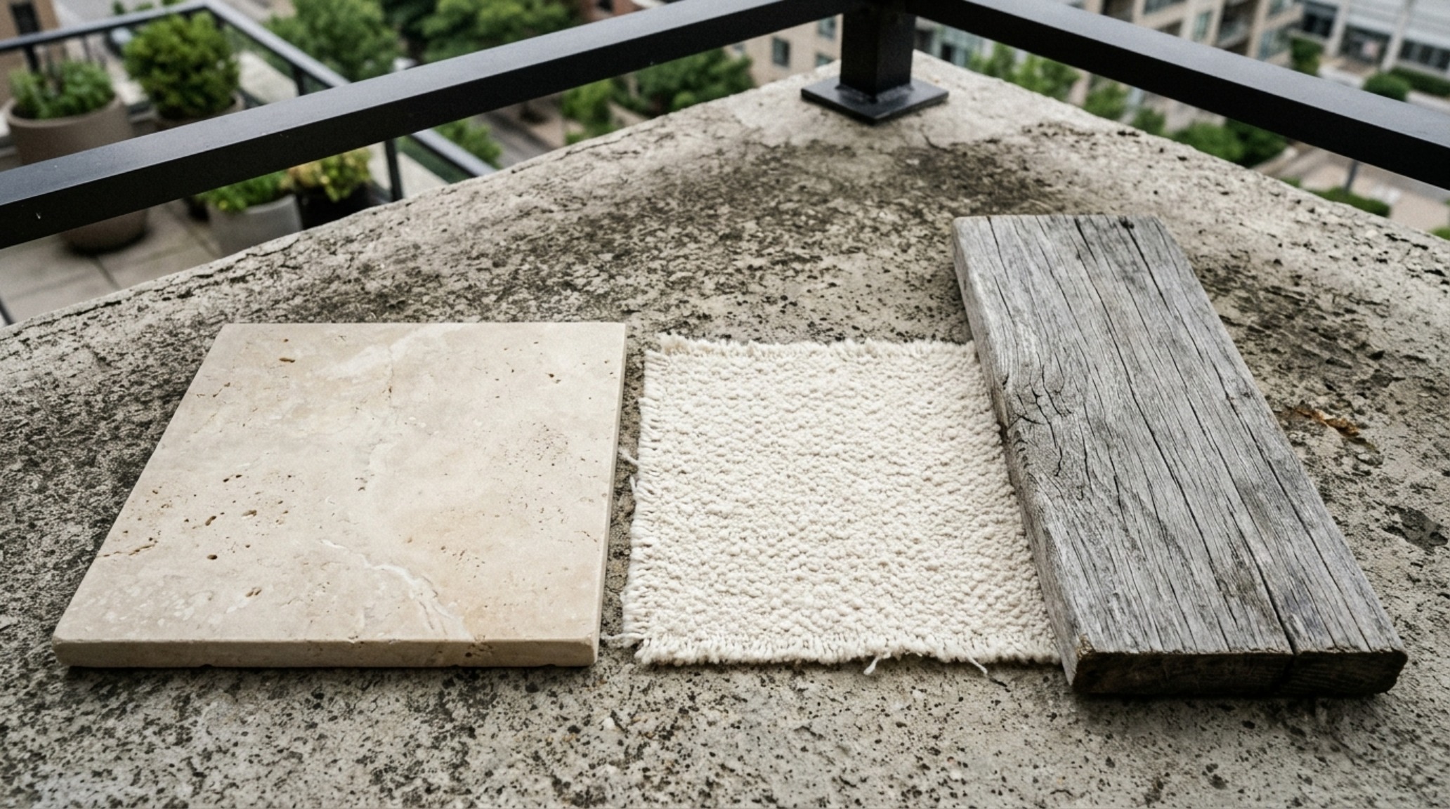 Architectural detail of fluted white oak screens and high-performance weather-resistant textiles on an urban terrace. Architectural detail of fluted white oak screens and high-performance weather-resistant textiles on an urban terrace.
