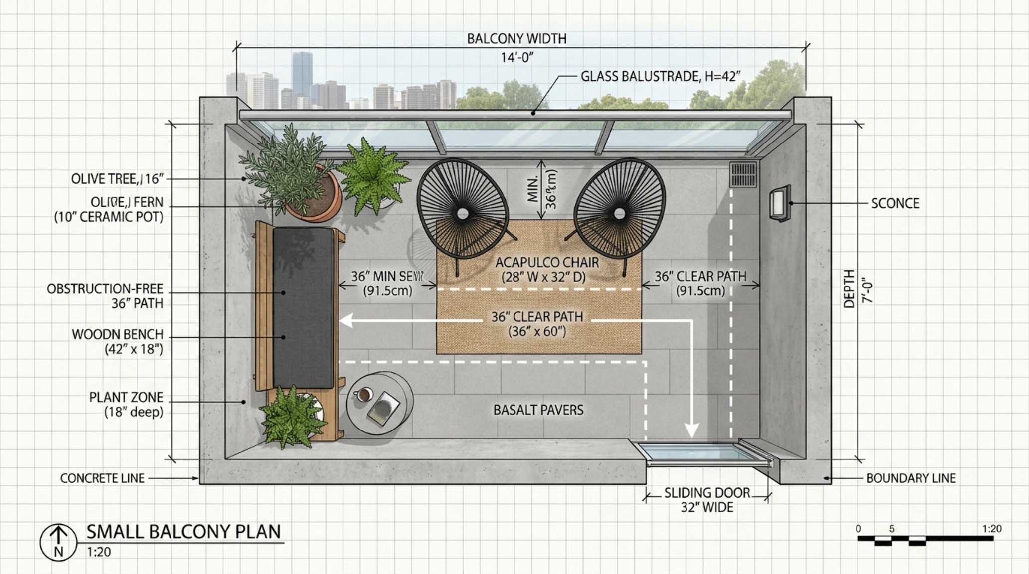 Aerial view of a compact balcony layout showing 24-inch walkways and 18-inch coffee table placement. Aerial view of a compact balcony layout showing 24-inch walkways and 18-inch coffee table placement.