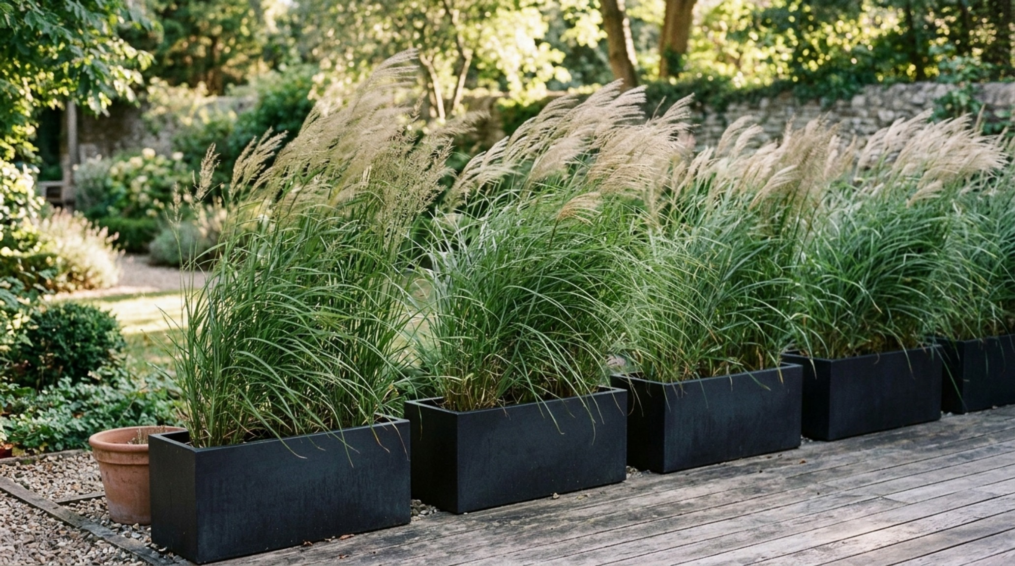 Close-up of matte zinc planters with architectural grasses creating a natural balcony garden privacy screen. Close-up of matte zinc planters with architectural grasses creating a natural balcony garden privacy screen.