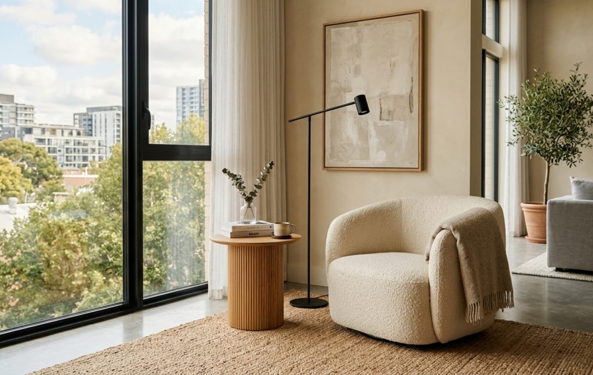 modern apartment aesthetic 2027 featuring a tactile boucle armchair, a black metal floor lamp, and a fluted oak side table in a warm neutral living room