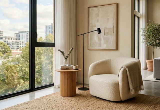 modern apartment aesthetic 2027 featuring a tactile boucle armchair, a black metal floor lamp, and a fluted oak side table in a warm neutral living room