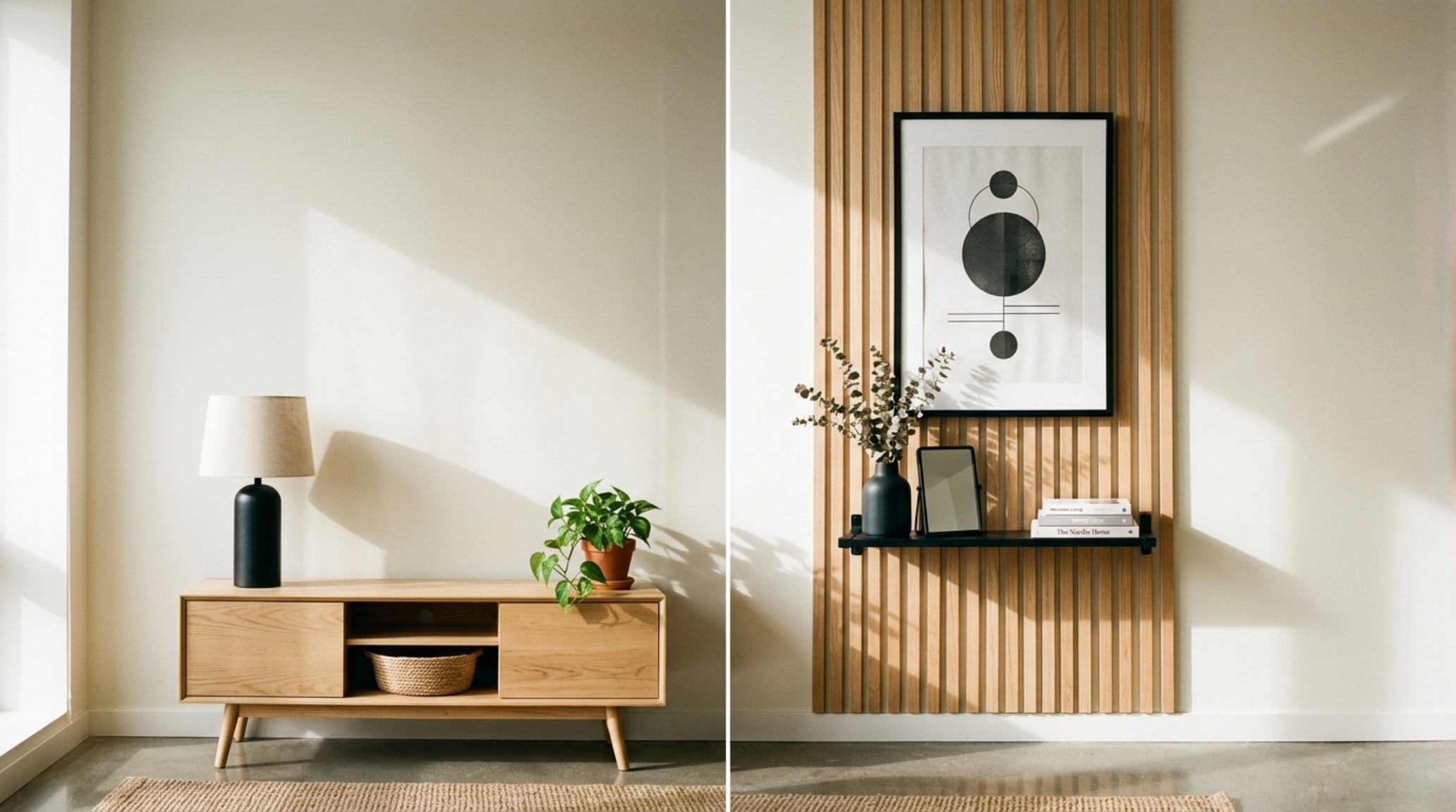renter-friendly wall decor solutions including modular wood slat panels and command-stripped gallery frames for a personalized architectural feel