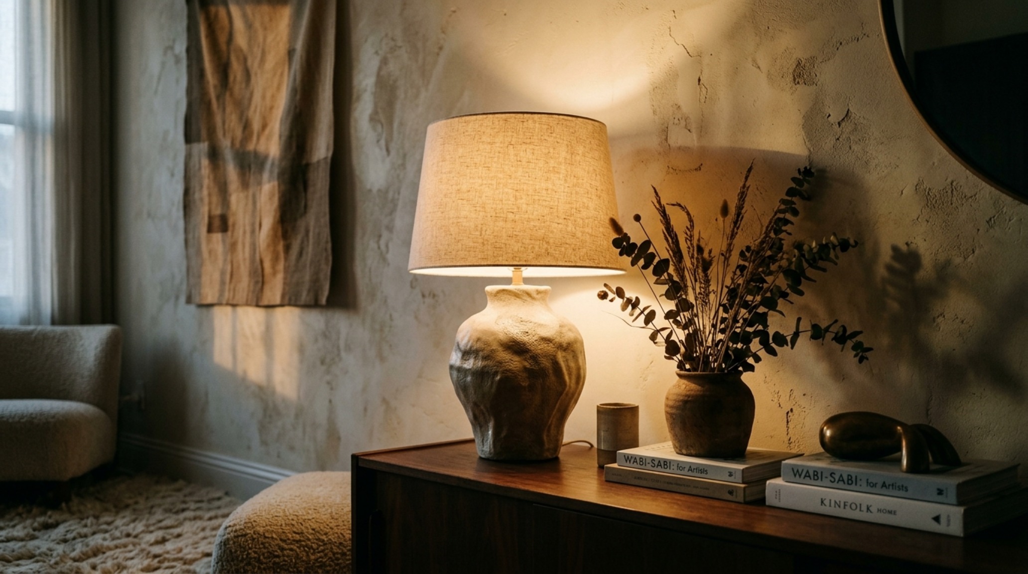 apartment lighting layers and mood illustrated by a 2700K warm glow from a sculptural ceramic table lamp against a lime-wash textured wall