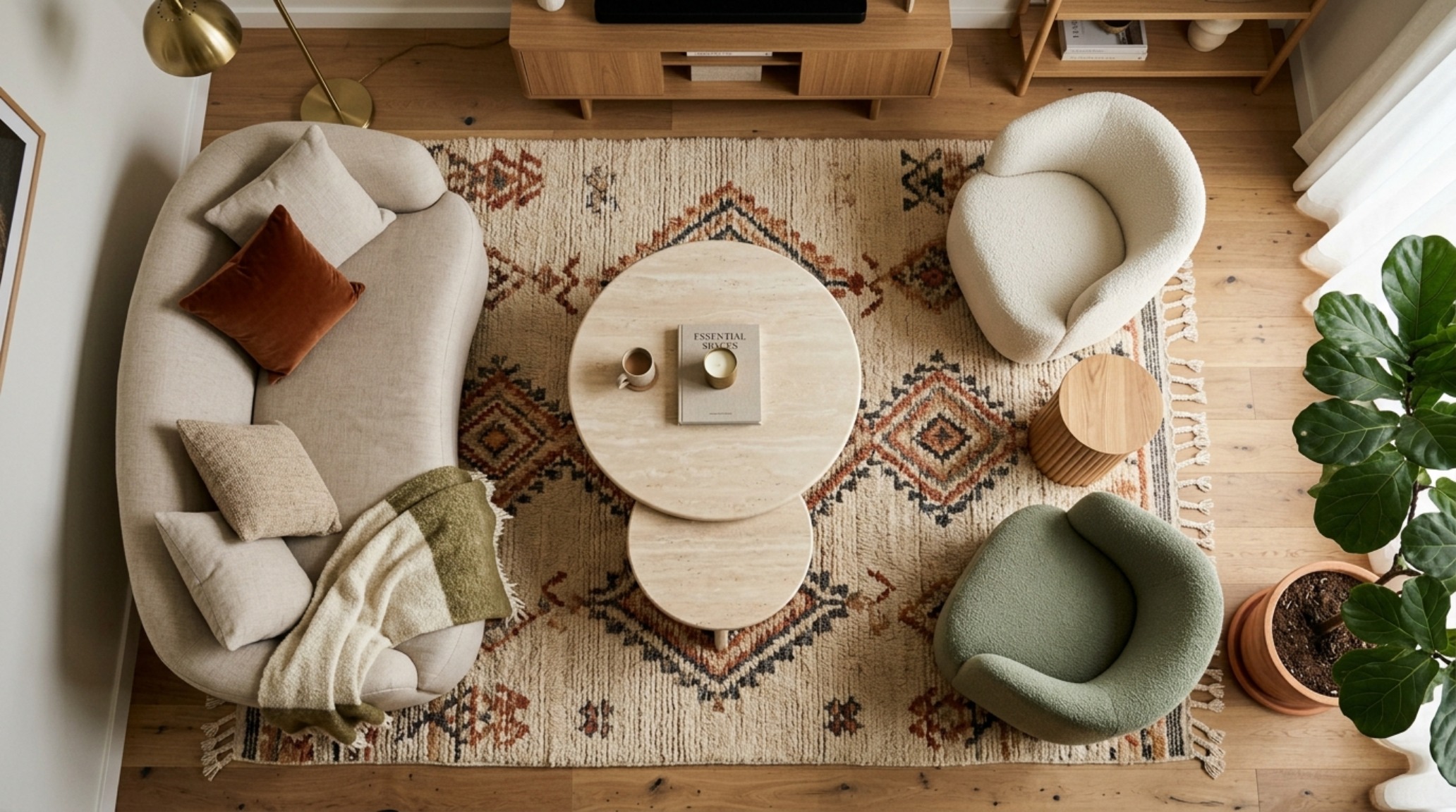 space-saving furniture for small living rooms featuring a set of nesting travertine coffee tables on a high-pile wool rug with slim-profile seating