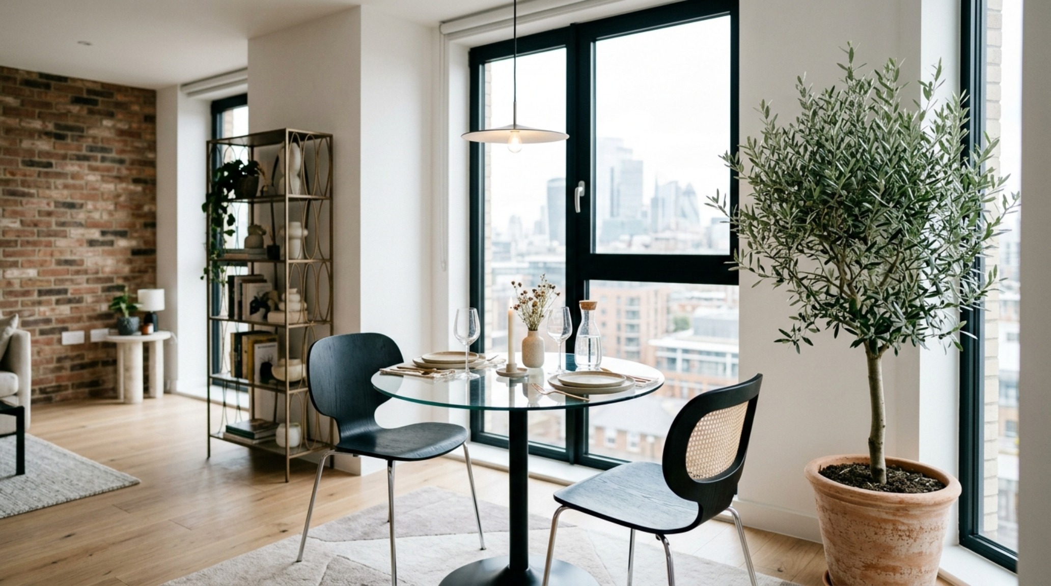 modern apartment aesthetic 2027 dining nook with a circular glass-top table, matte black wishbone chairs, and a structural green olive tree