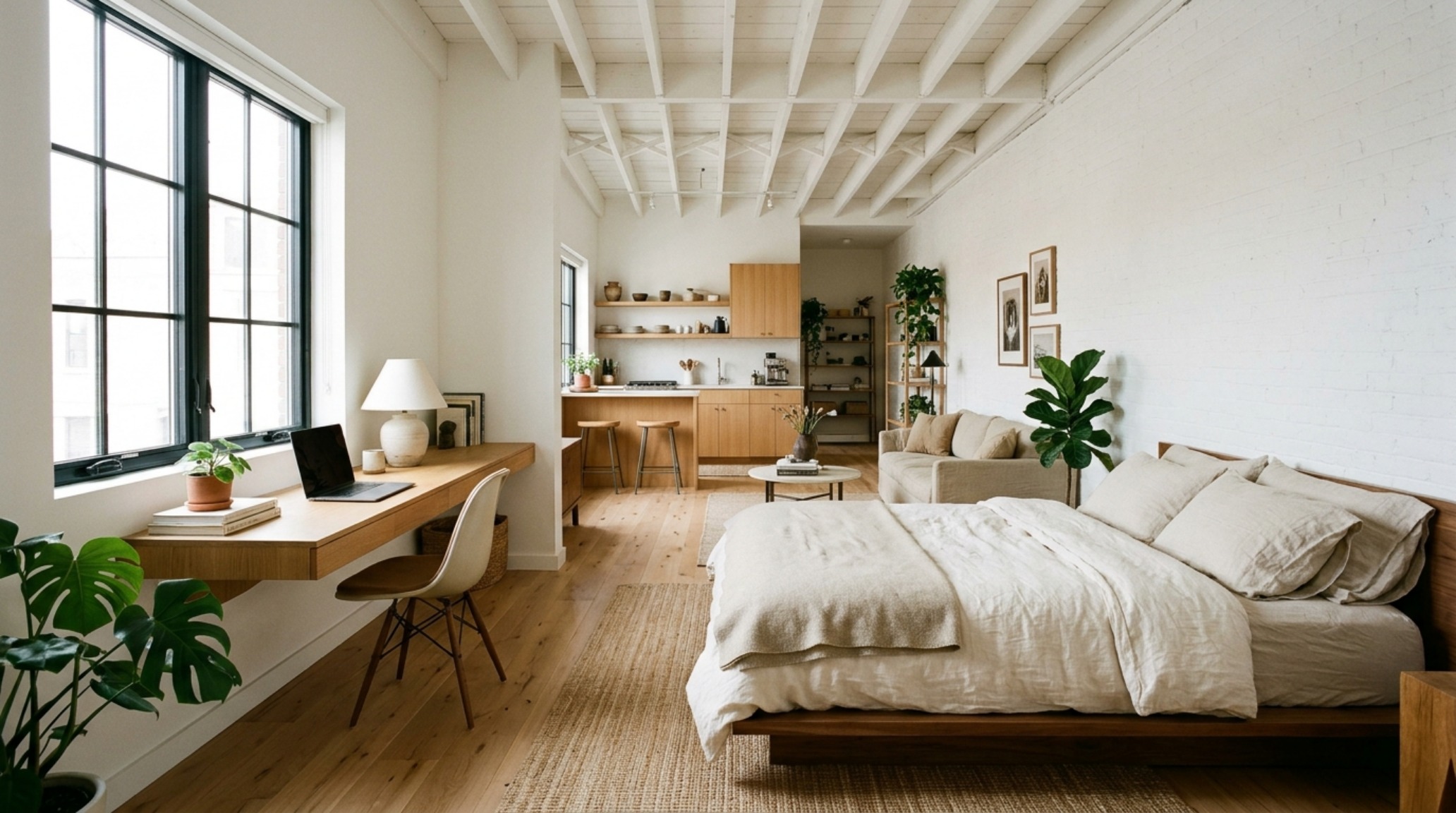 studio apartment layout ideas for flow in a multifunctional bedroom-office space with a low-profile bed and integrated fluted wood desk