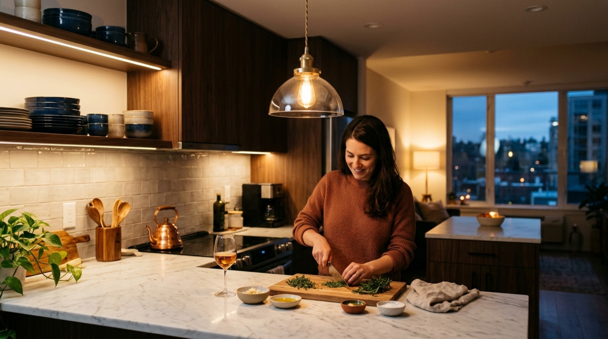 apartment lighting layers and mood in a kitchen using warm LED strip lighting under cabinets and a high-CRI brass pendant over the island