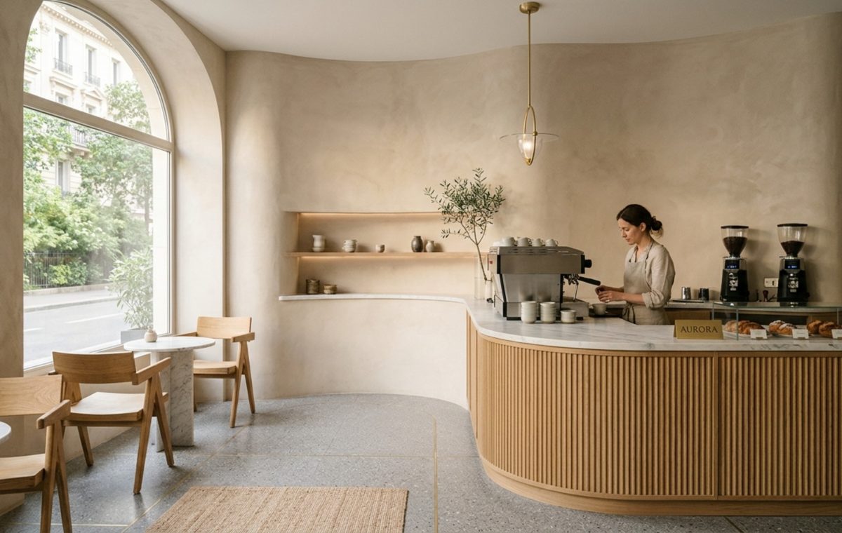 Luxury cafe interior concepts featuring curved plaster walls in Benjamin Moore Swiss Coffee and fluted white oak cabinetry.