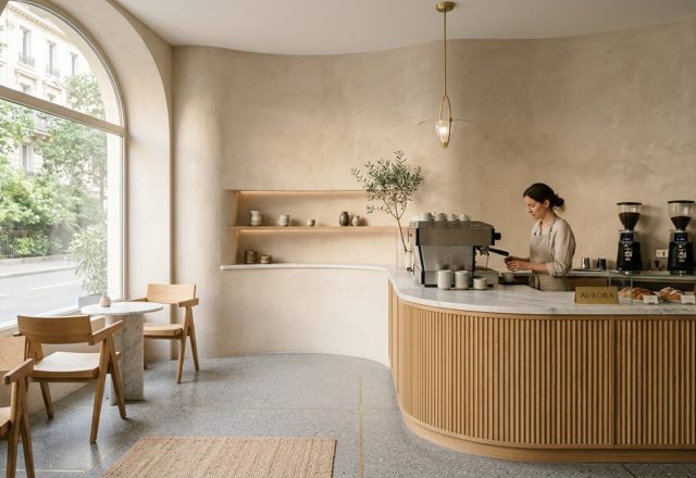 Luxury cafe interior concepts featuring curved plaster walls in Benjamin Moore Swiss Coffee and fluted white oak cabinetry.