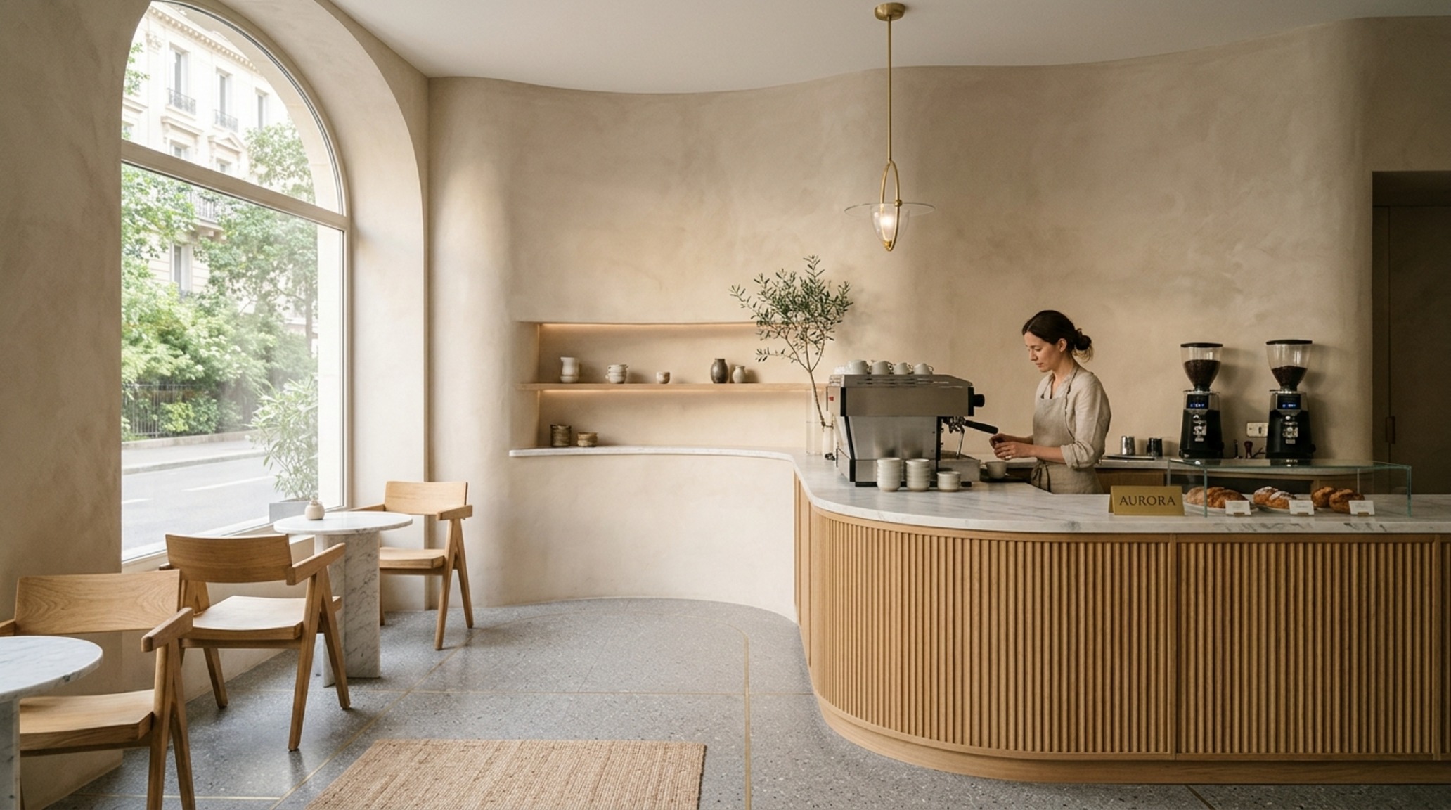 Luxury cafe interior concepts featuring curved plaster walls in Benjamin Moore Swiss Coffee and fluted white oak cabinetry. Luxury cafe interior concepts featuring curved plaster walls in Benjamin Moore Swiss Coffee and fluted white oak cabinetry.