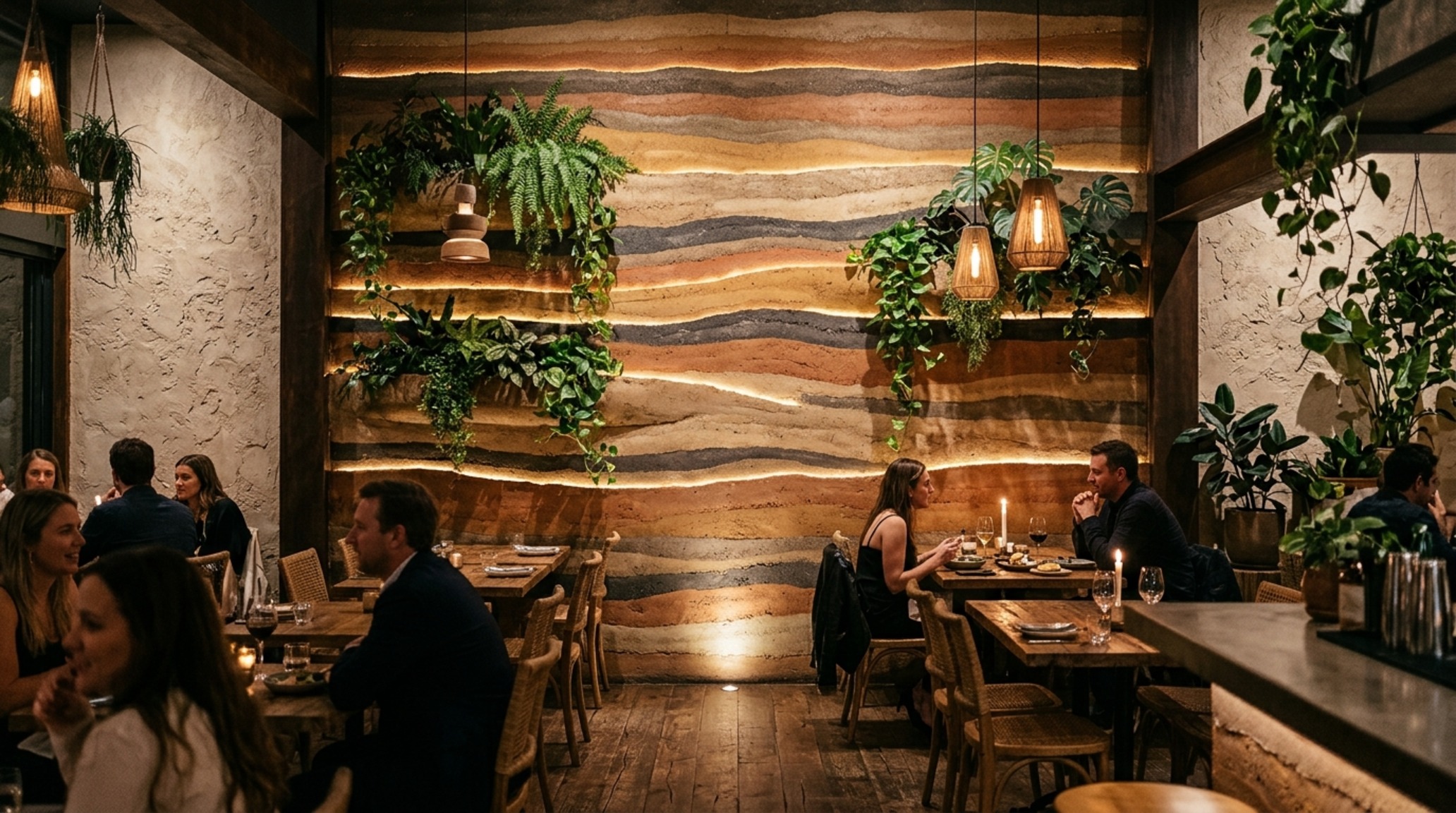 Biophilic restaurant design elements utilizing a rammed-earth feature wall and artisanal limestone plaster finishes. Biophilic restaurant design elements utilizing a rammed-earth feature wall and artisanal limestone plaster finishes.
