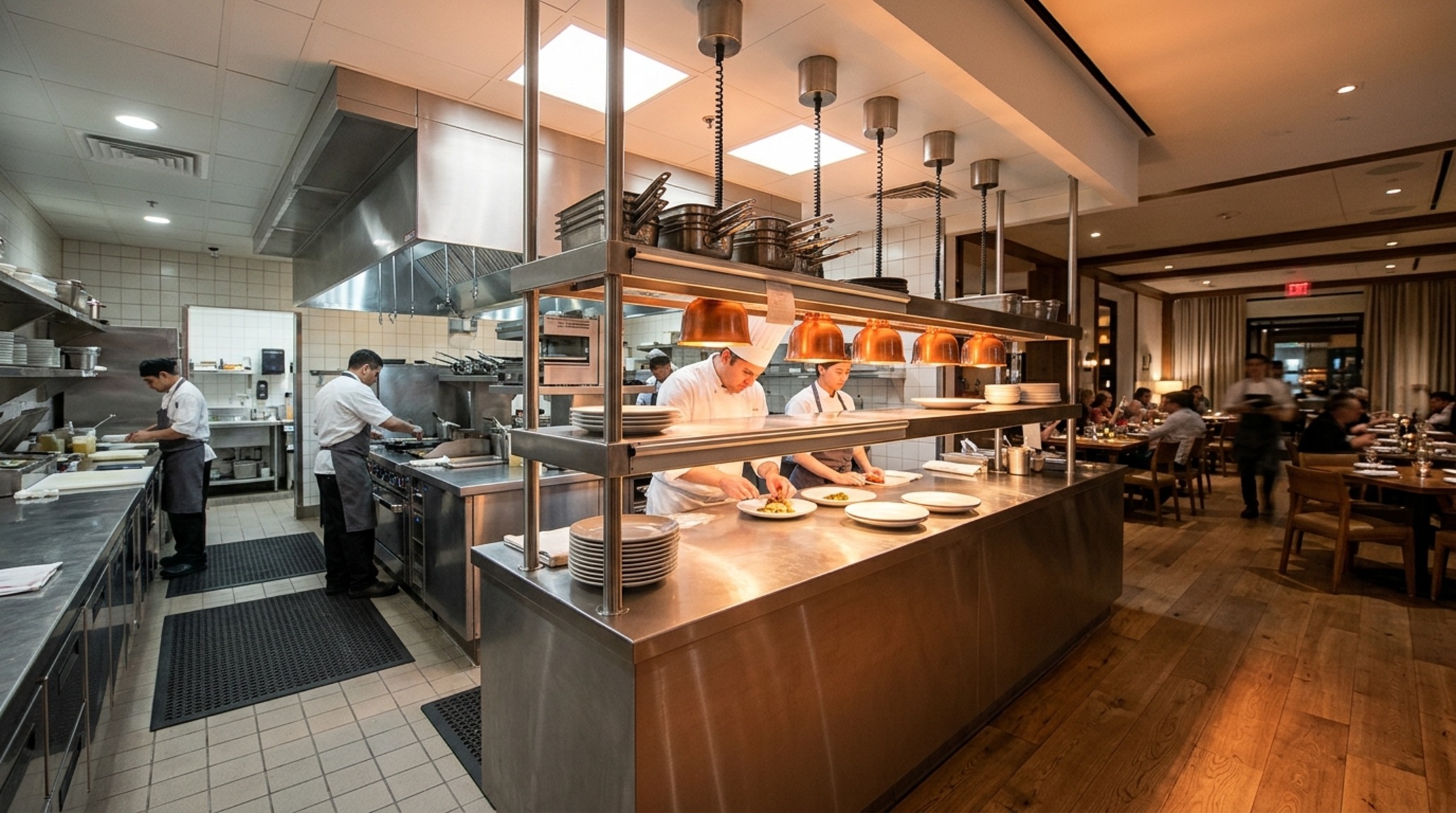 Commercial kitchen ergonomic standards seen through a wide-angle view of a professional line with optimized workflow clearances. Commercial kitchen ergonomic standards seen through a wide-angle view of a professional line with optimized workflow clearances.