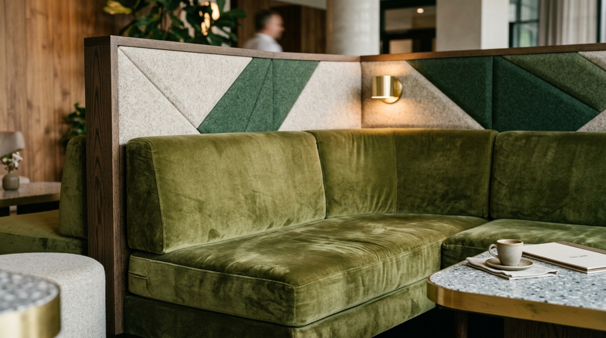Modular hospitality furniture trends including custom velvet banquette seating with integrated sound-absorbing acoustic panels. Modular hospitality furniture trends including custom velvet banquette seating with integrated sound-absorbing acoustic panels.