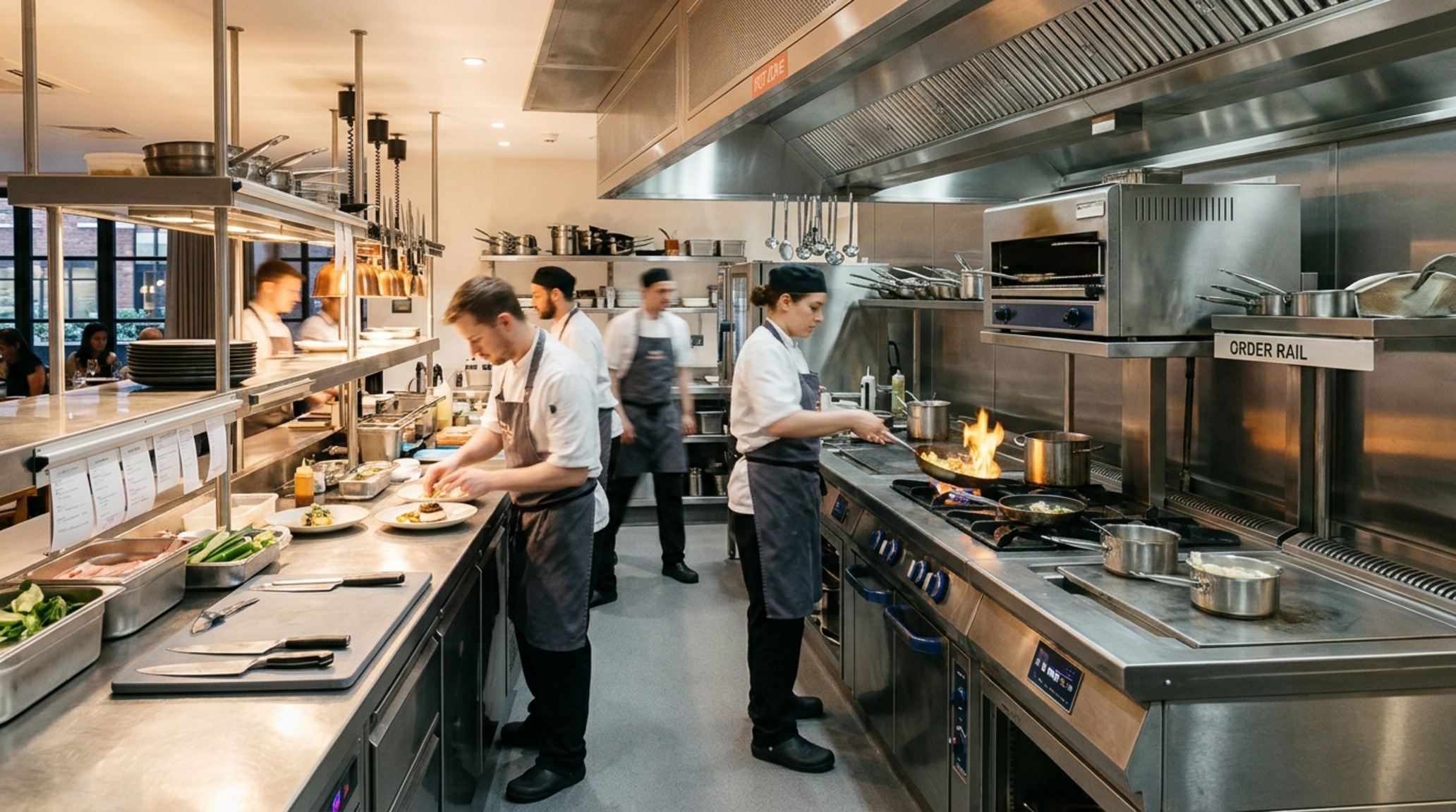 Commercial kitchen ergonomic standards reflected in a stainless steel pass-through with high CRI 90+ task lighting. Commercial kitchen ergonomic standards reflected in a stainless steel pass-through with high CRI 90+ task lighting.