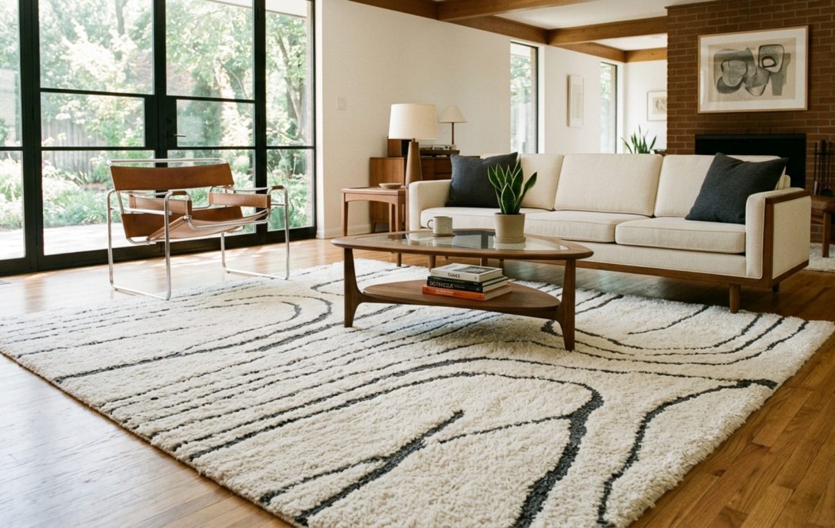 Monochrome area rugs for living room featuring a plush cream wool pile with charcoal hand-knotted accents and an 18-inch coffee table clearance.