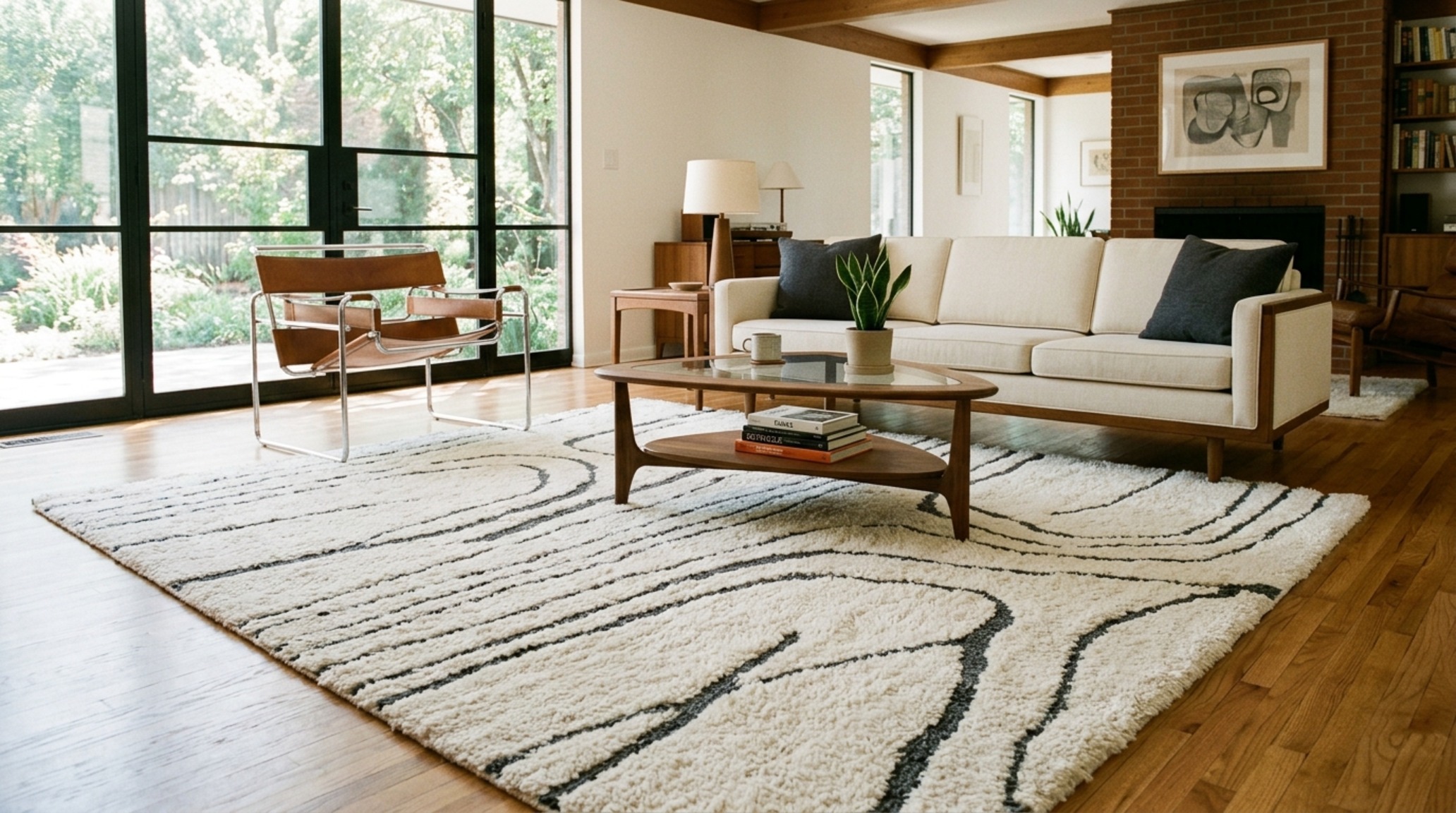 Monochrome area rugs for living room featuring a plush cream wool pile with charcoal hand-knotted accents and an 18-inch coffee table clearance. Monochrome area rugs for living room featuring a plush cream wool pile with charcoal hand-knotted accents and an 18-inch coffee table clearance.