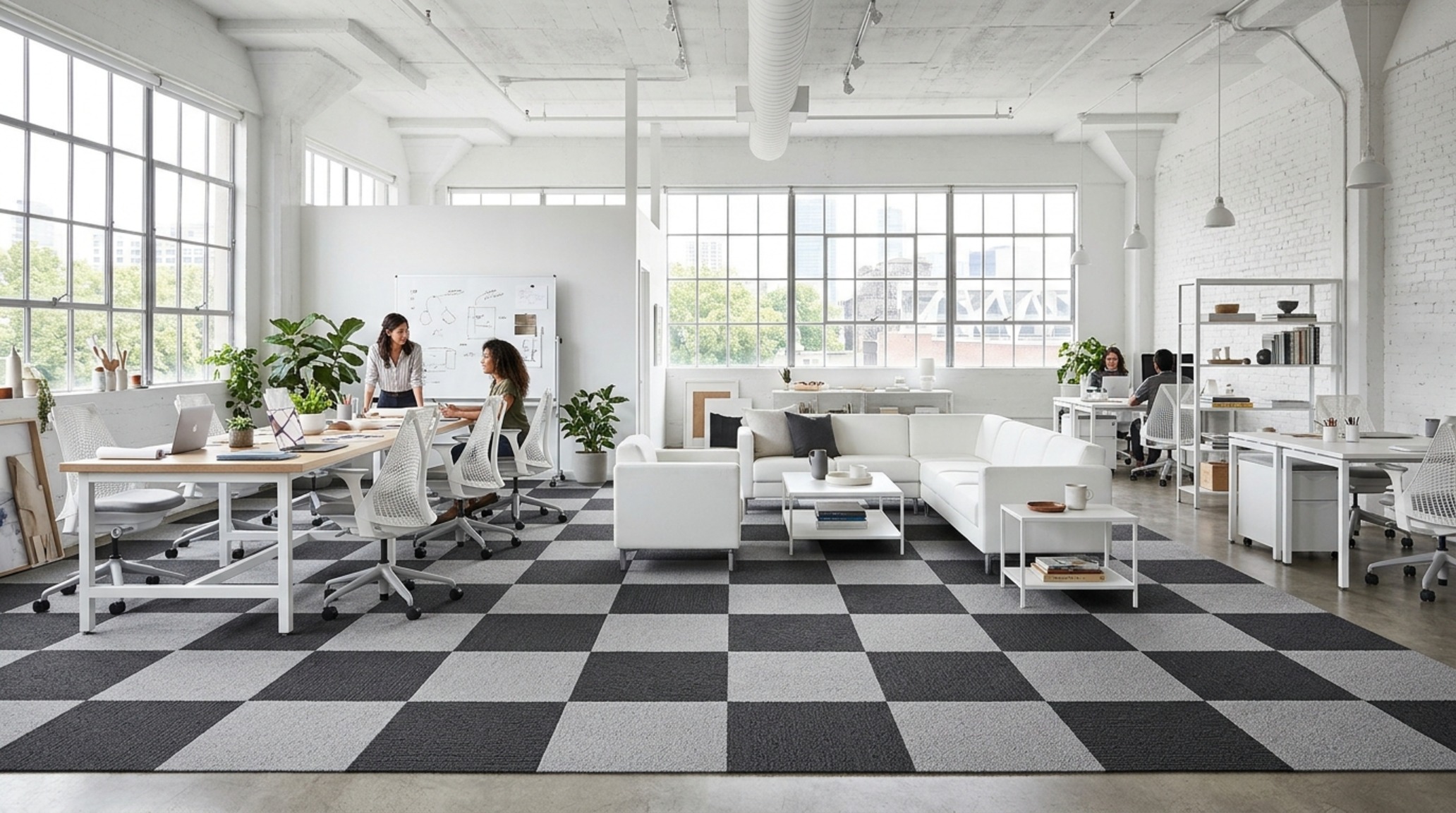 Checkerboard carpet tiles for modern interiors using varying textures of slate grey and off-white to create depth in a windowless room. Checkerboard carpet tiles for modern interiors using varying textures of slate grey and off-white to create depth in a windowless room.