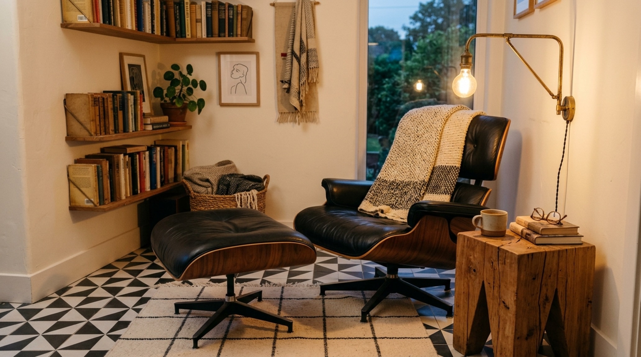 Minimalist black and white floor patterns in a reading nook paired with raw wood accents and soft diffused sunlight. Minimalist black and white floor patterns in a reading nook paired with raw wood accents and soft diffused sunlight.