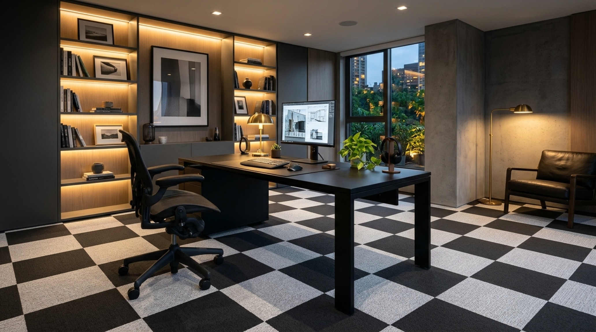 Checkerboard carpet tiles for modern interiors arranged in a home office with matte black hardware and high CRI 90+ directional task lighting. Checkerboard carpet tiles for modern interiors arranged in a home office with matte black hardware and high CRI 90+ directional task lighting.