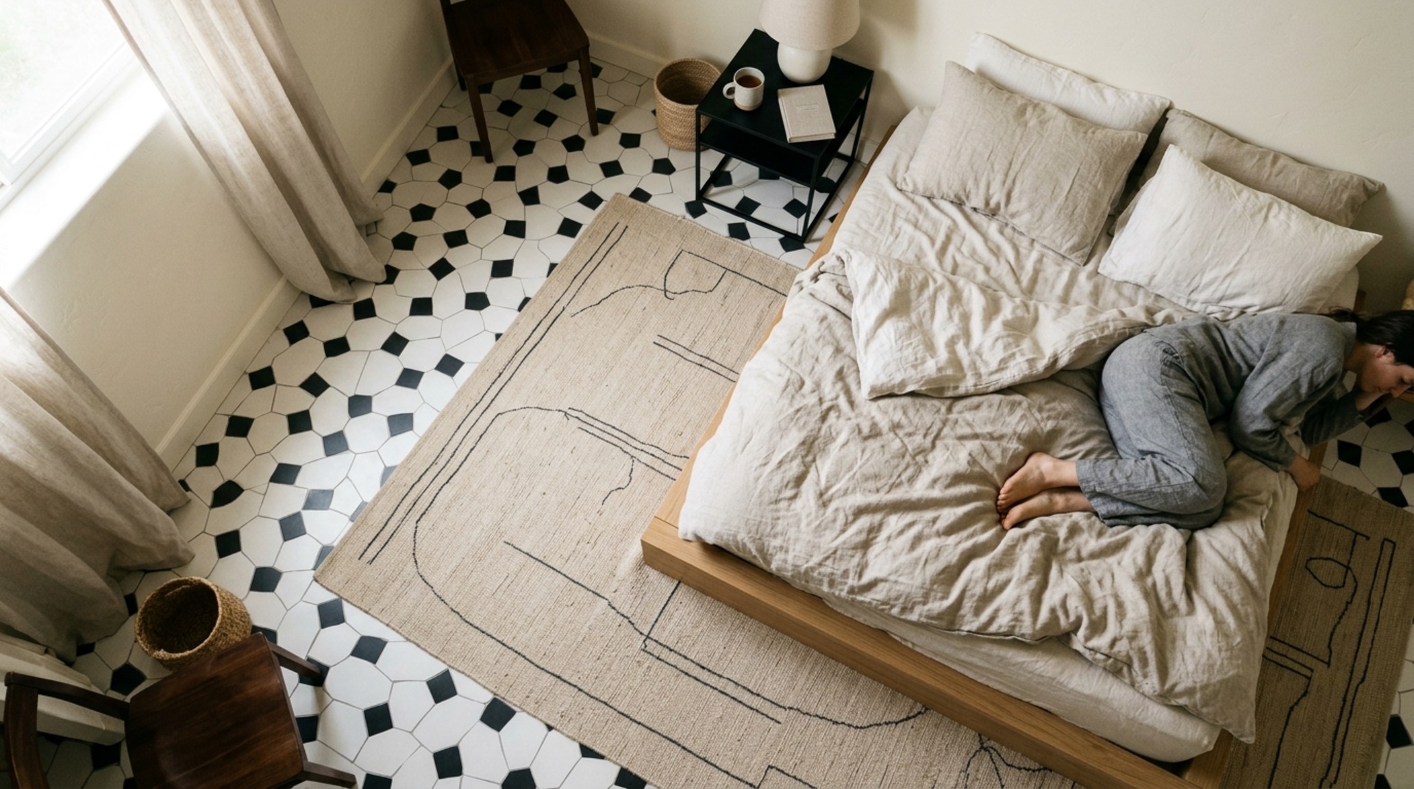 Minimalist black and white floor patterns in a primary bedroom highlighting the texture of a low-profile silk and wool weave. Minimalist black and white floor patterns in a primary bedroom highlighting the texture of a low-profile silk and wool weave.
