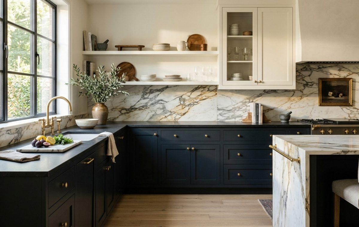 A stunning high-contrast kitchen featuring Farrow and Ball Railings base cabinets and Benjamin Moore Swiss Coffee upper cabinets with polished Calacatta Borghini marble backsplash.