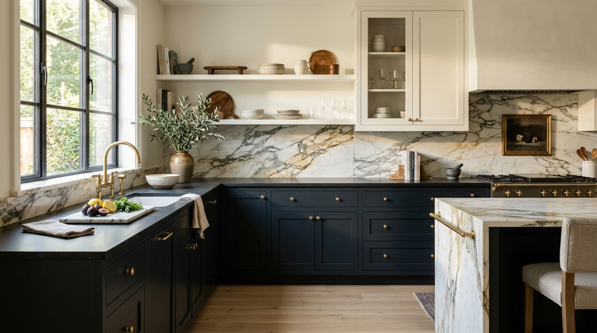 A stunning high-contrast kitchen featuring Farrow and Ball Railings base cabinets and Benjamin Moore Swiss Coffee upper cabinets with polished Calacatta Borghini marble backsplash. A stunning high-contrast kitchen featuring Farrow and Ball Railings base cabinets and Benjamin Moore Swiss Coffee upper cabinets with polished Calacatta Borghini marble backsplash.
