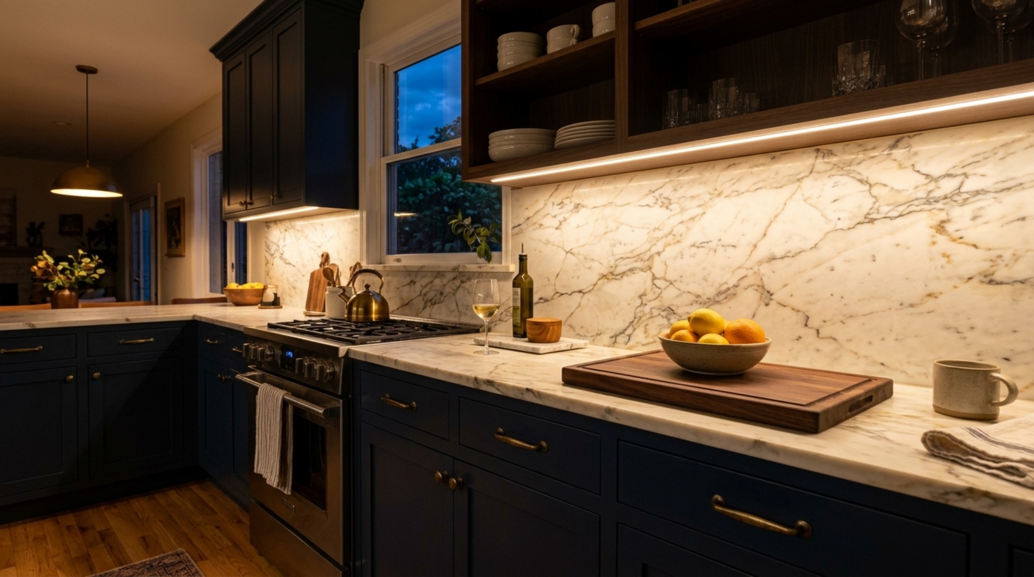 Integrated 2700K LED mood lighting casting a warm golden glow over a white marble backsplash and dark tuxedo kitchen cabinetry. Integrated 2700K LED mood lighting casting a warm golden glow over a white marble backsplash and dark tuxedo kitchen cabinetry.