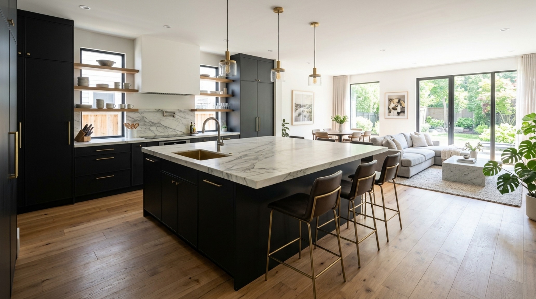 Spacious modern kitchen with a large dark charcoal island featuring a 2-inch mitered marble edge and 36-inch walkway clearances for optimal flow. Spacious modern kitchen with a large dark charcoal island featuring a 2-inch mitered marble edge and 36-inch walkway clearances for optimal flow.