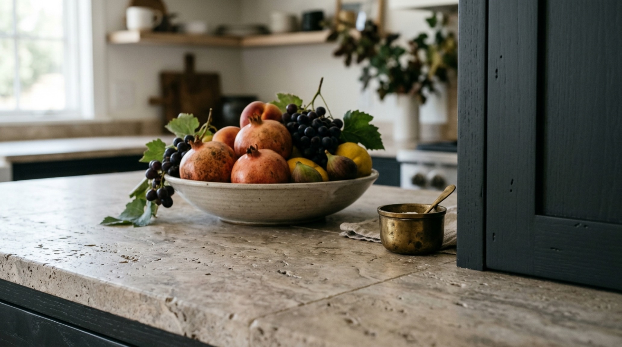 Macro shot of textured linen napkins and handmade ceramics on a honed travertine kitchen island surface, emphasizing quiet luxury textures. Macro shot of textured linen napkins and handmade ceramics on a honed travertine kitchen island surface, emphasizing quiet luxury textures.