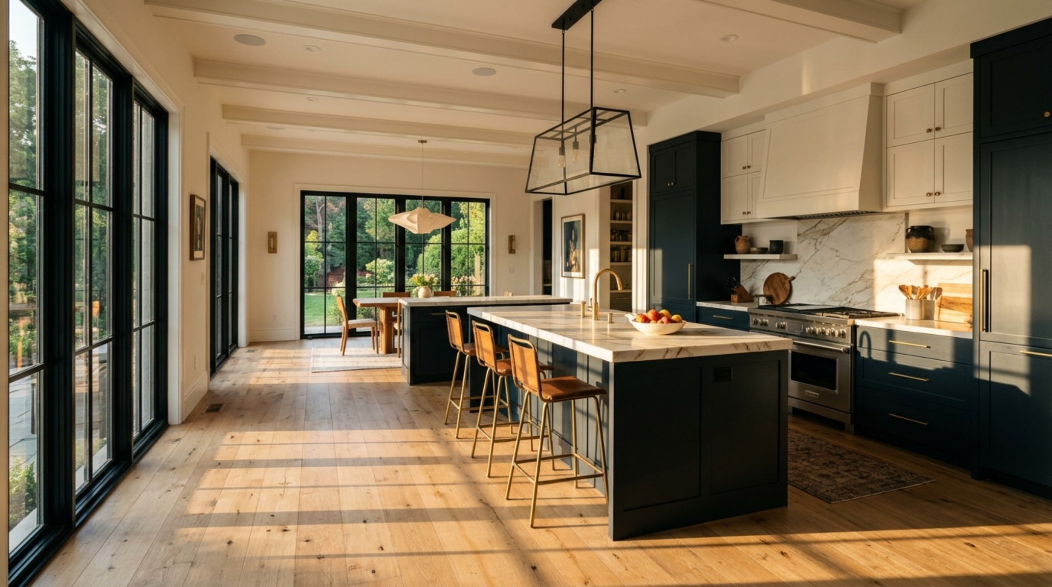 A wide-angle perspective of a two-toned kitchen highlighting the seamless transition from dark lower cabinets to light-filled upper shelving. A wide-angle perspective of a two-toned kitchen highlighting the seamless transition from dark lower cabinets to light-filled upper shelving.