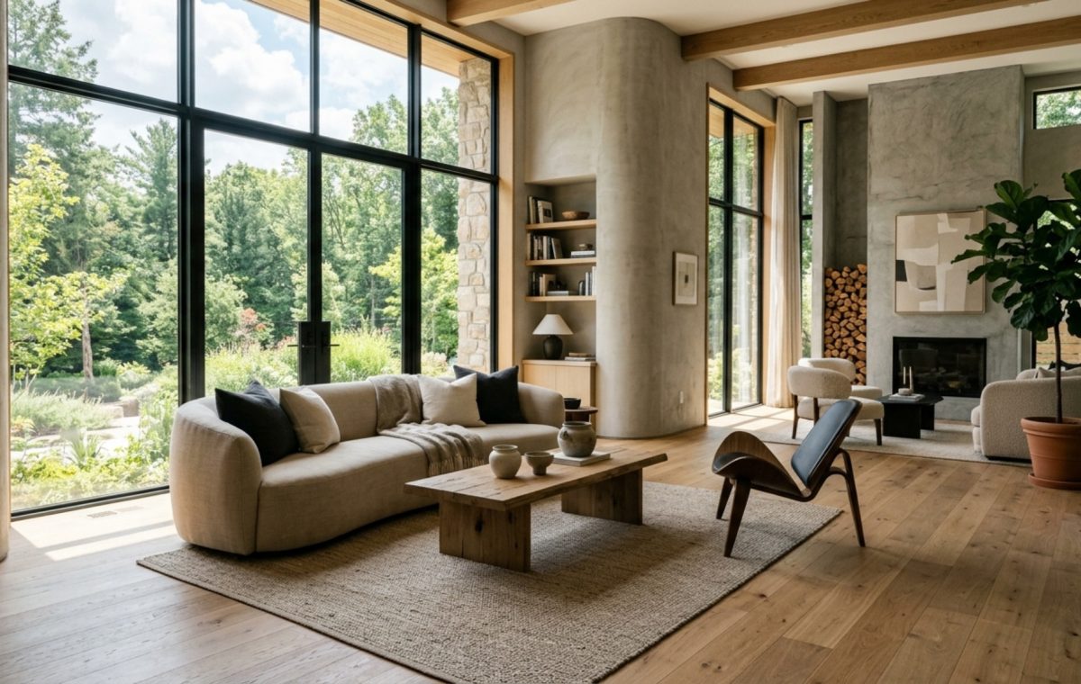 A wide-angle architectural shot of a modern organic living room featuring white oak flooring, a floating furniture layout with 36-inch clearances, and a neutral palette inspired by Heather Rae El Moussa.