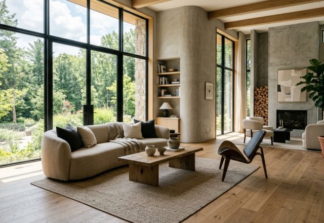 A wide-angle architectural shot of a modern organic living room featuring white oak flooring, a floating furniture layout with 36-inch clearances, and a neutral palette inspired by Heather Rae El Moussa.