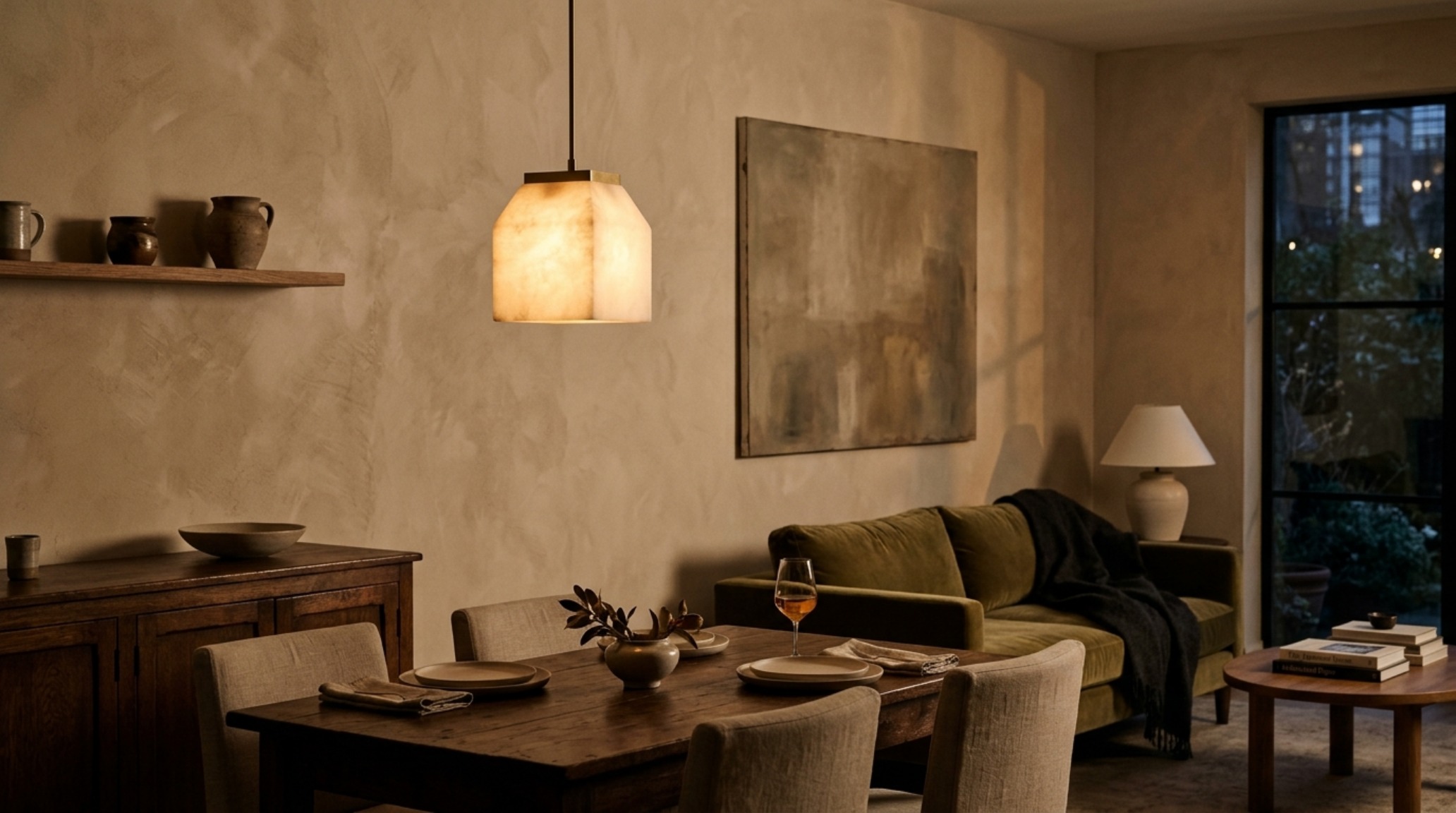 Editorial lighting design showcase featuring a 2700K warm ambient glow from an alabaster wall sconce, highlighting the texture of limewash walls and high CRI 90+ ratings.