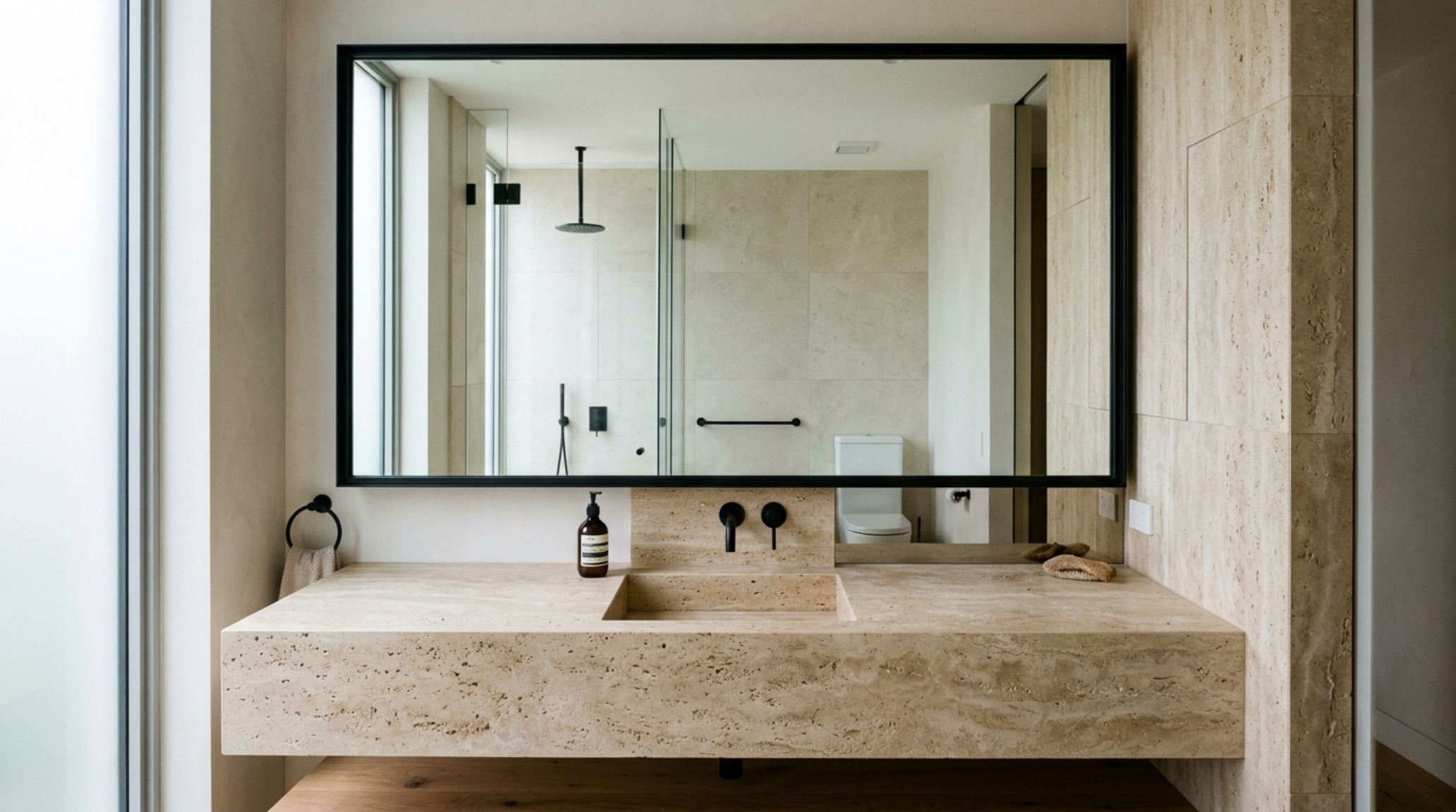 A luxury powder room featuring a honed travertine floating vanity and matte black fixtures, demonstrating the California cool home spa ideas and high-contrast color schemes.